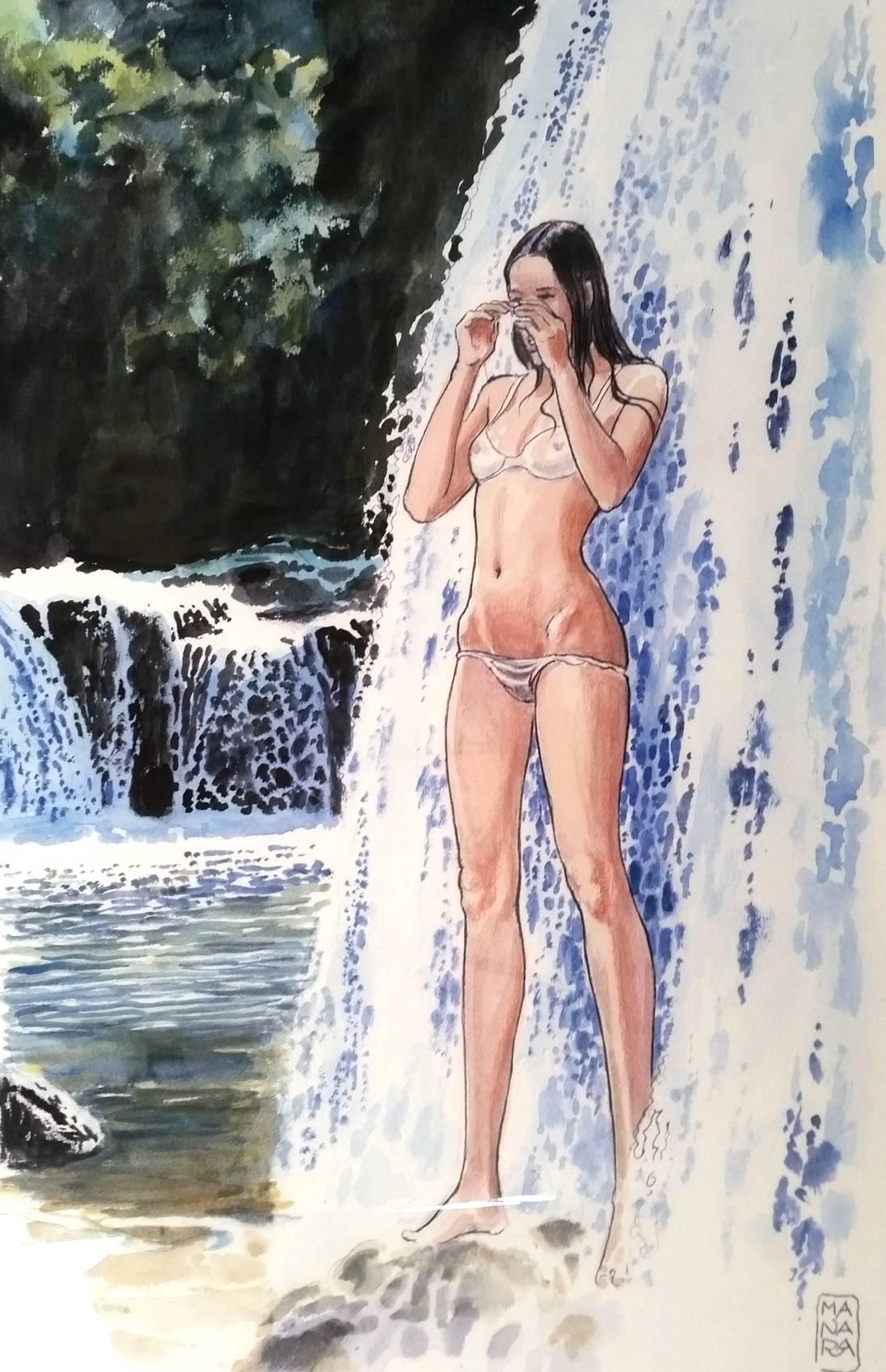 Milo Manara Figurative Painting - Woman in the waterfall - 2015