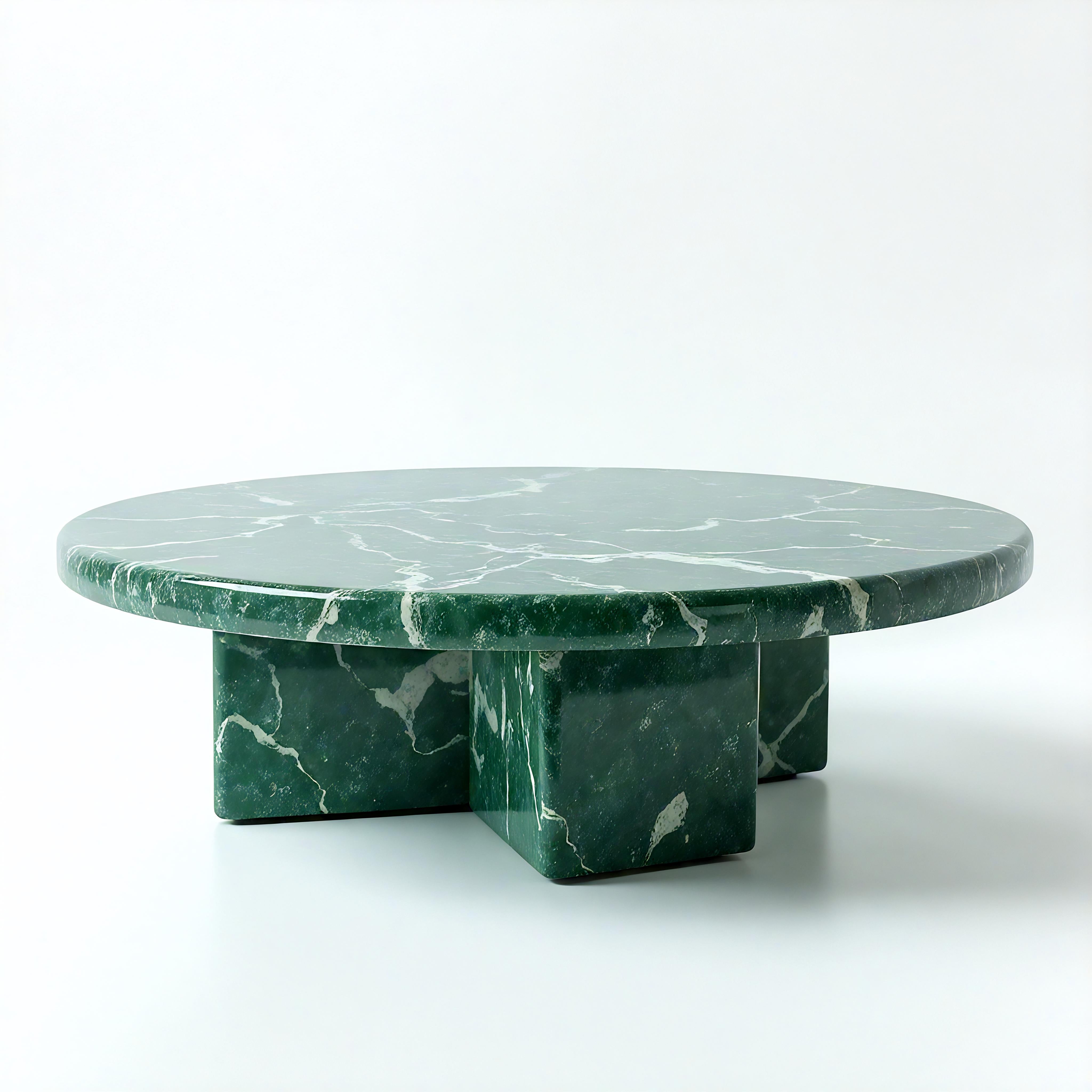 Understated luxury meets timeless geometry in this minimalist green marble round coffee table. Carved from rich Verde Alpi marble, this design emphasizes clean lines, weighty presence, and quiet sophistication. The thick, round tabletop rests atop a