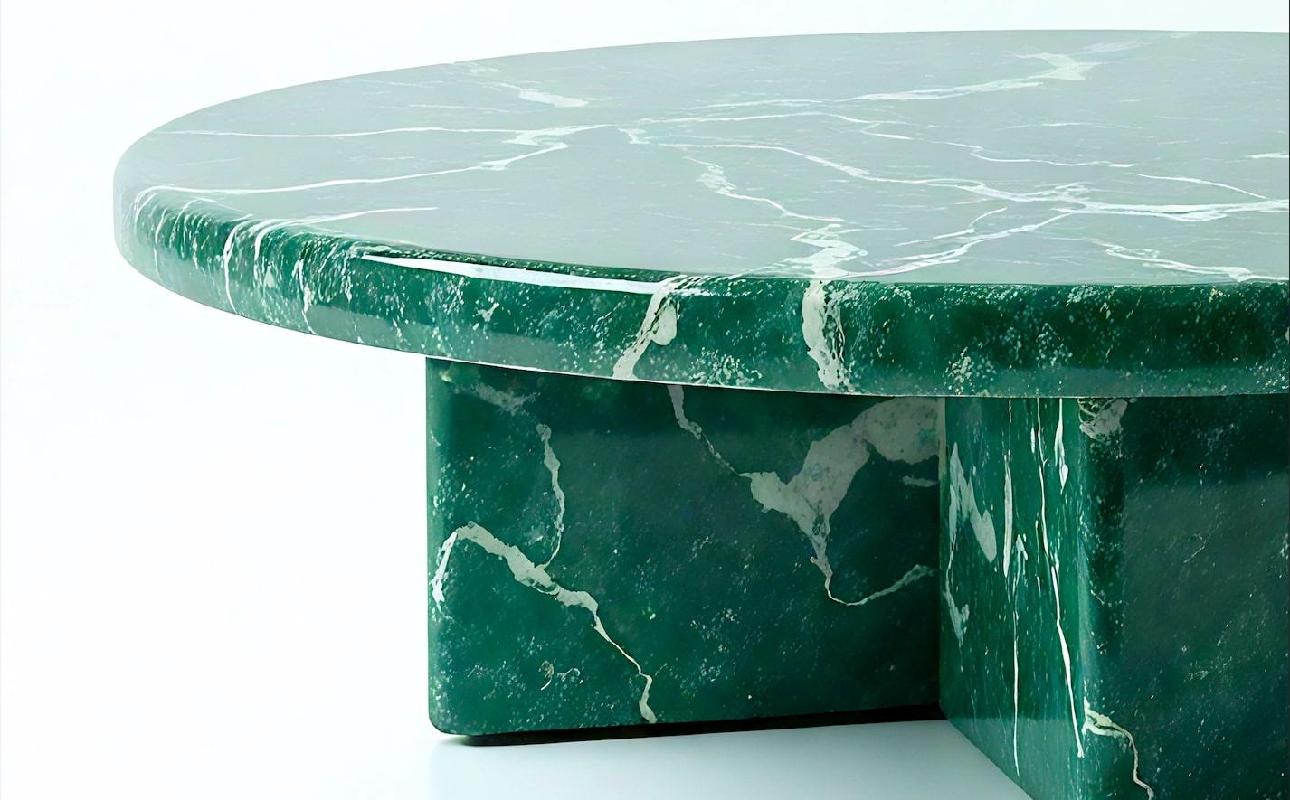 Mid-Century Modern Milo - Minimalist Green Marble Round Coffee Table with Solid Block by Artisanal For Sale