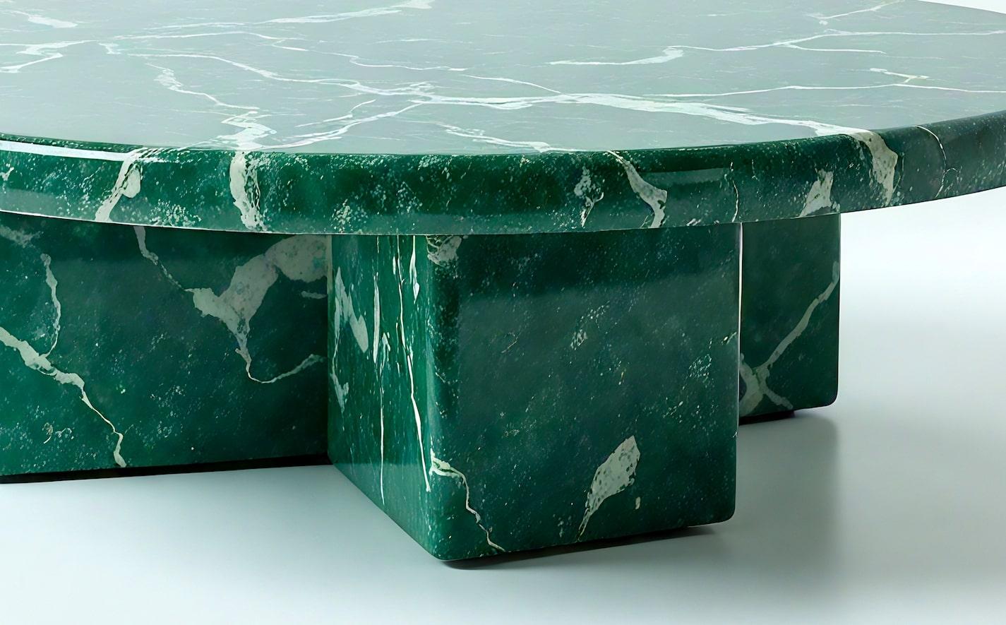 Indian Milo - Minimalist Green Marble Round Coffee Table with Solid Block by Artisanal For Sale