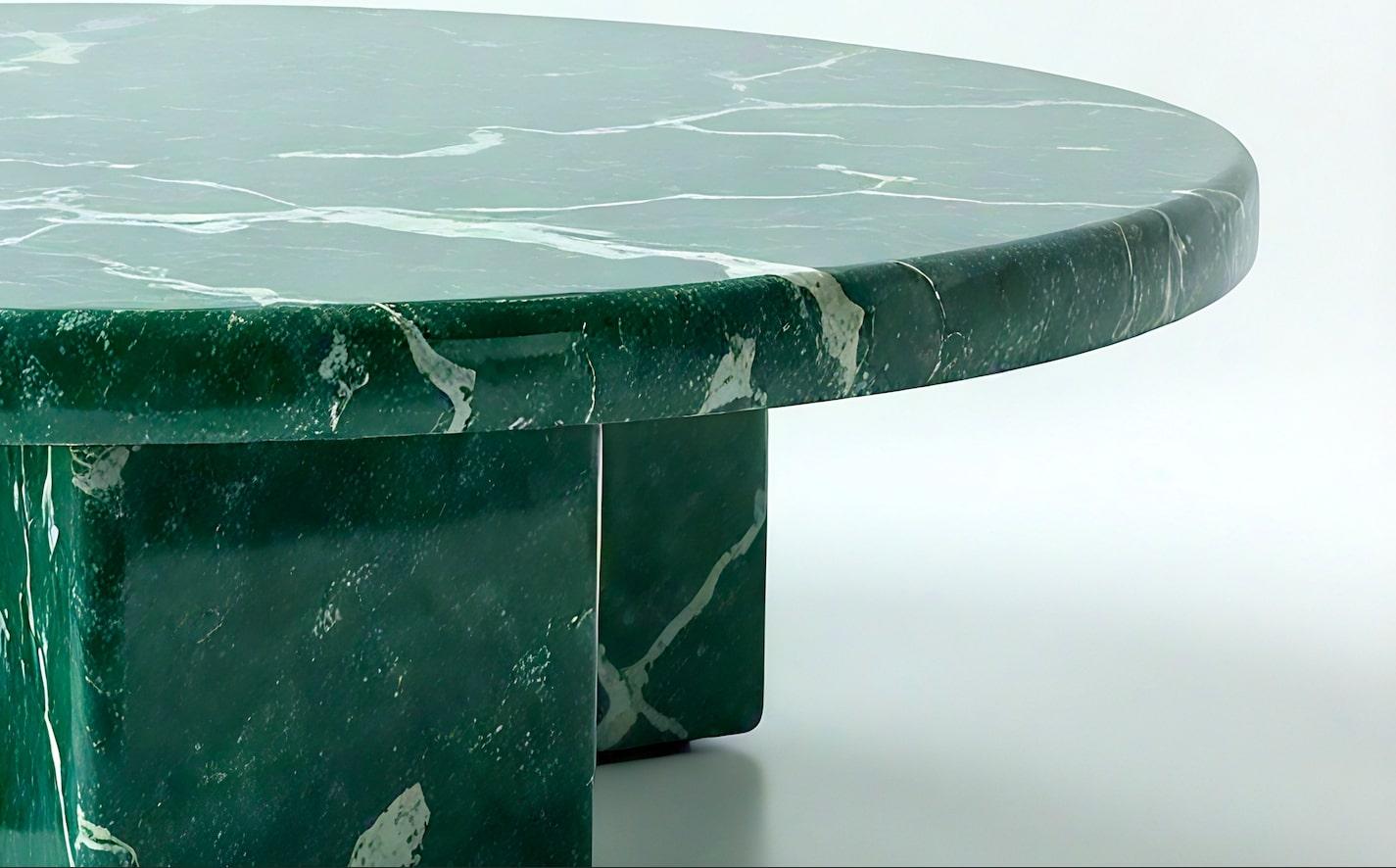 Hand-Crafted Milo - Minimalist Green Marble Round Coffee Table with Solid Block by Artisanal For Sale