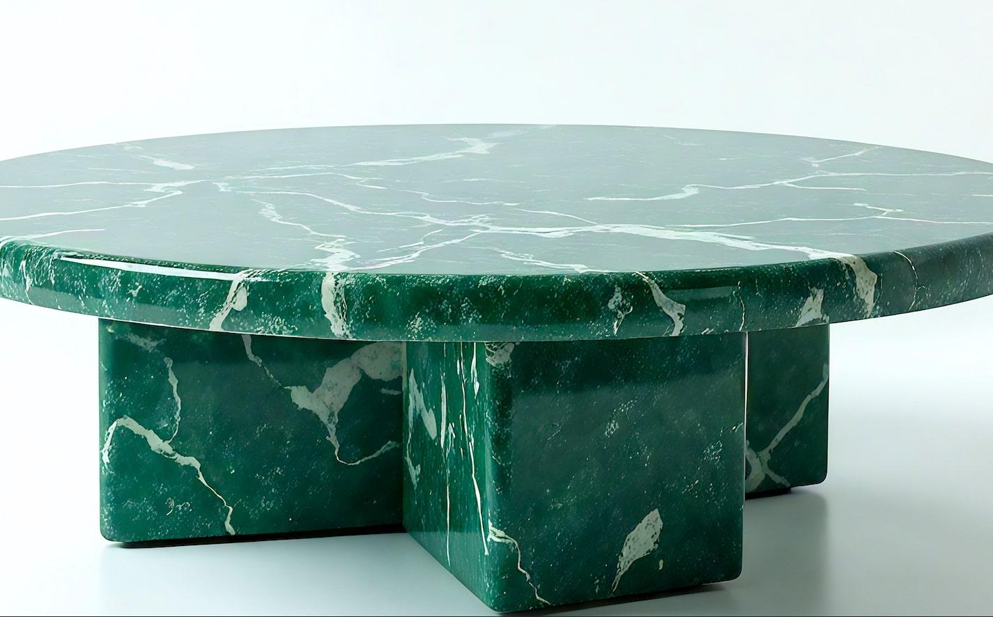 Milo - Minimalist Green Marble Round Coffee Table with Solid Block by Artisanal In New Condition For Sale In New York, NY