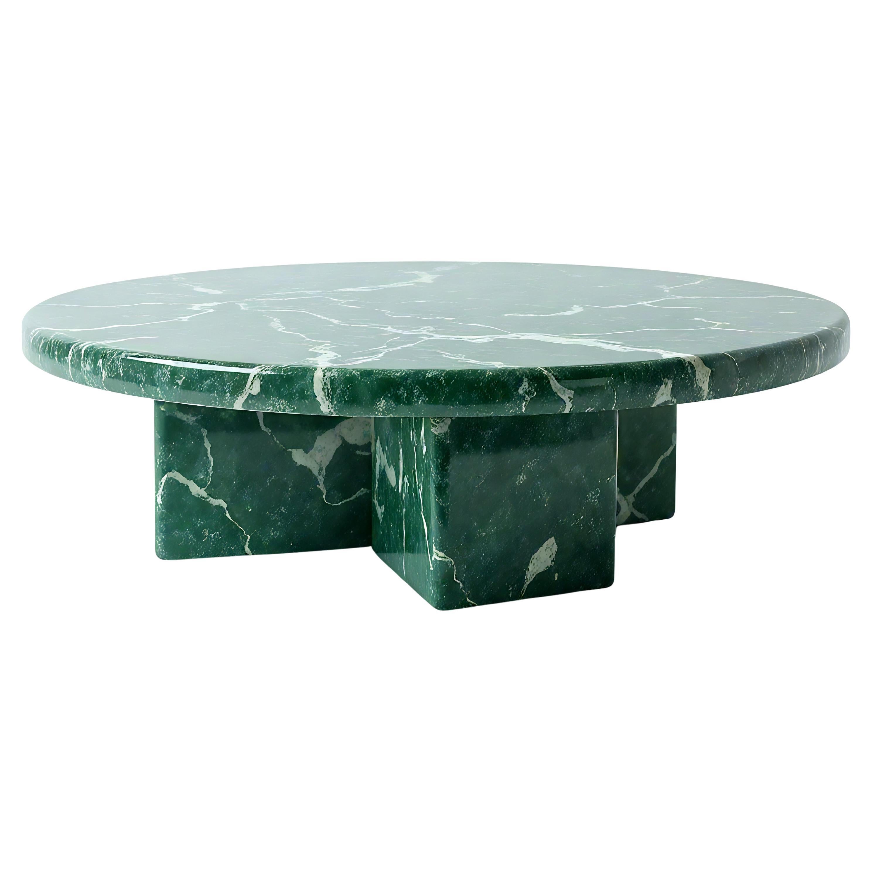 Milo - Minimalist Green Marble Round Coffee Table with Solid Block by Artisanal For Sale