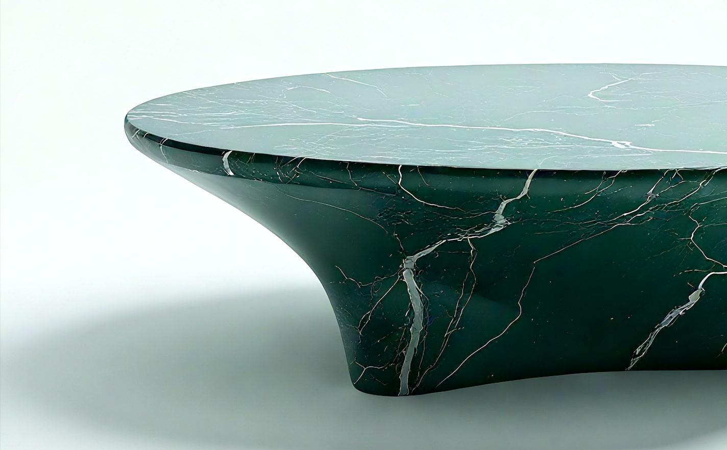 Milo - Mesa baja escultórica de mármol verde con medialuna asimétrica Moderno de mediados de siglo en venta