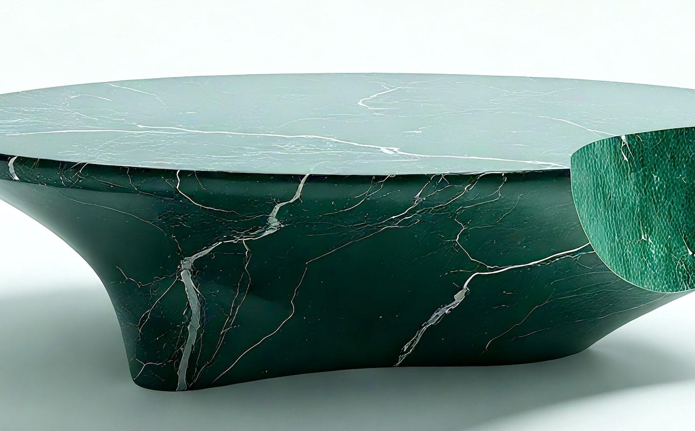 Milo - Mesa baja escultórica de mármol verde con medialuna asimétrica Hecho a mano en venta