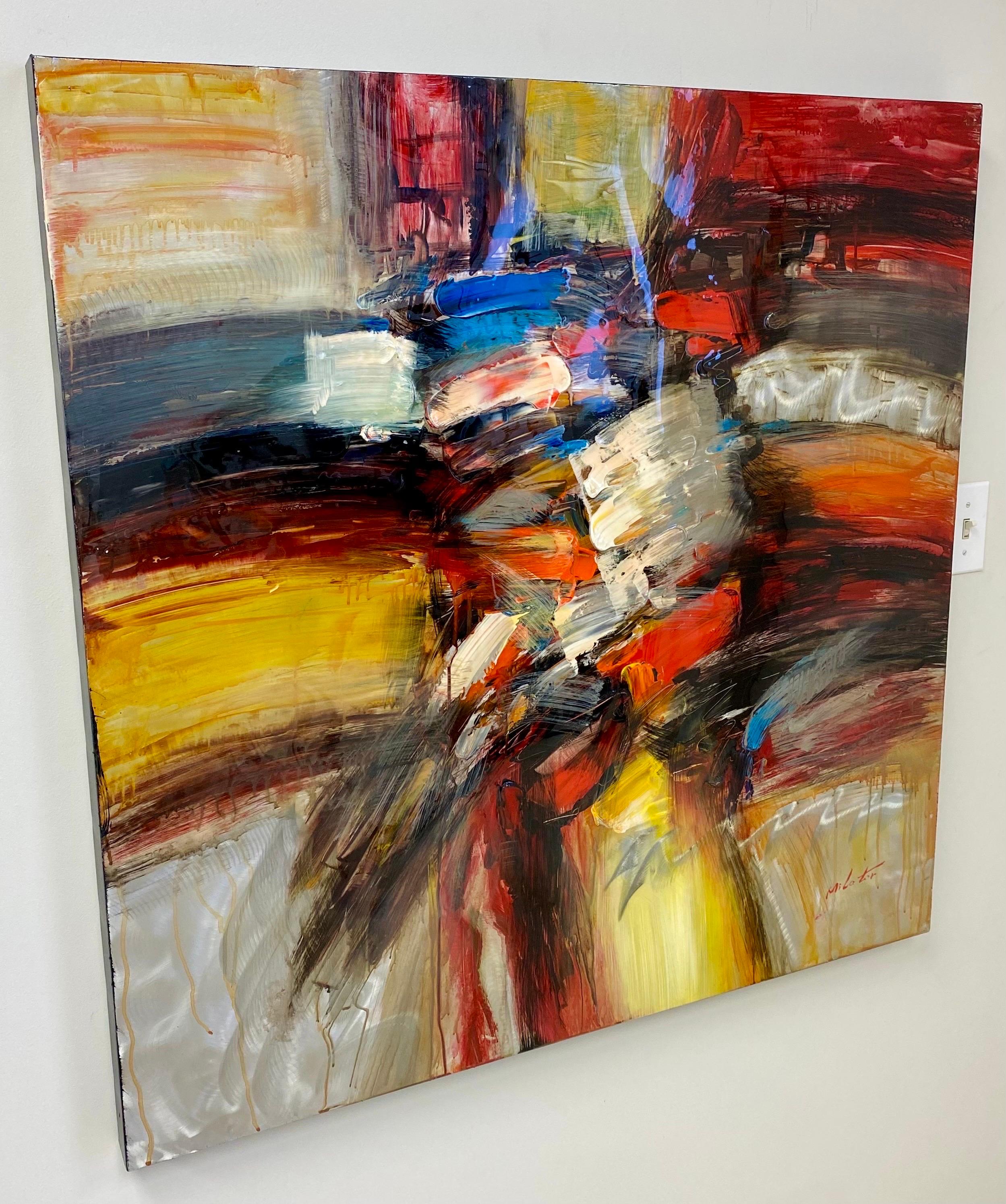 A large Abstract Acrylic painting by Milo Tor ( Holland)  in the manner of Wildfred Lang ( Chinese, 1954). The original art work was painted oil on canvas by Wilfred Lang and entitled Joy. Milo Tor reproduced the art work with acrylic on aluminum