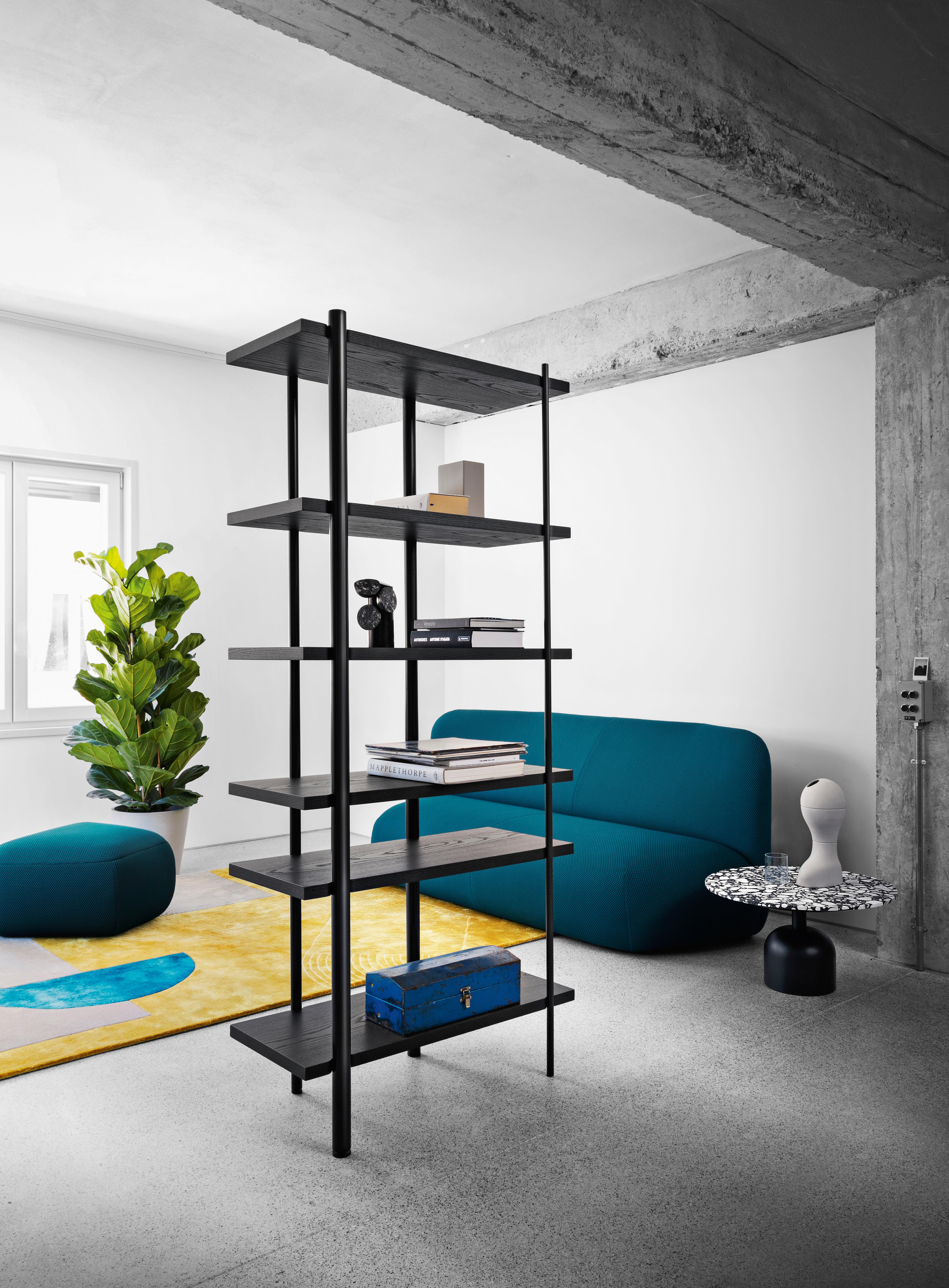 Modern Milonga Bookcase in Lacquered Iron with Flamed Oak Shelves by Paolo Cappello For Sale