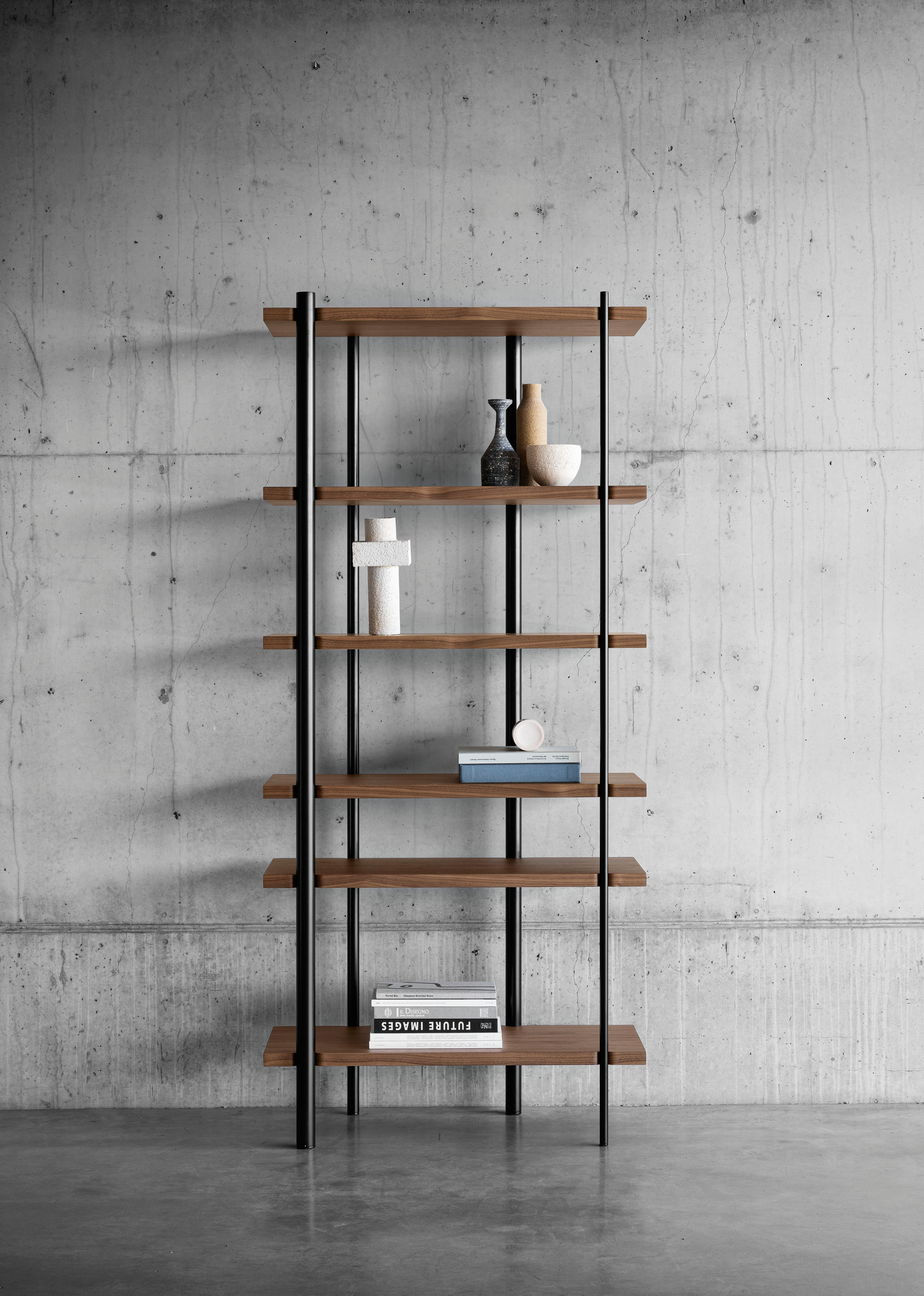 Italian Milonga Bookcase in Lacquered Iron with Flamed Oak Shelves by Paolo Cappello For Sale