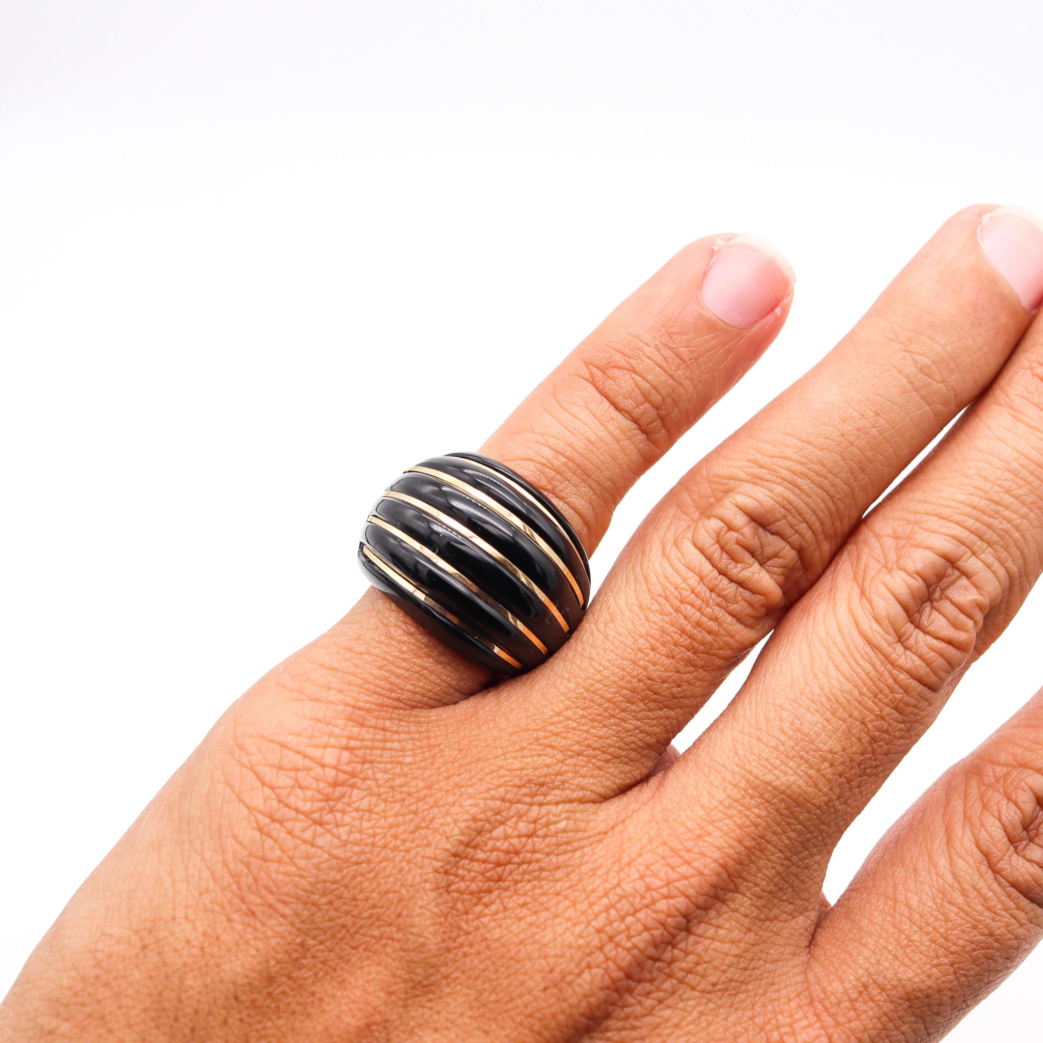 Women's or Men's Milor 1980 Italian Cocktail Ring in Carved Black Onyx with 14Kt Yellow Gold
