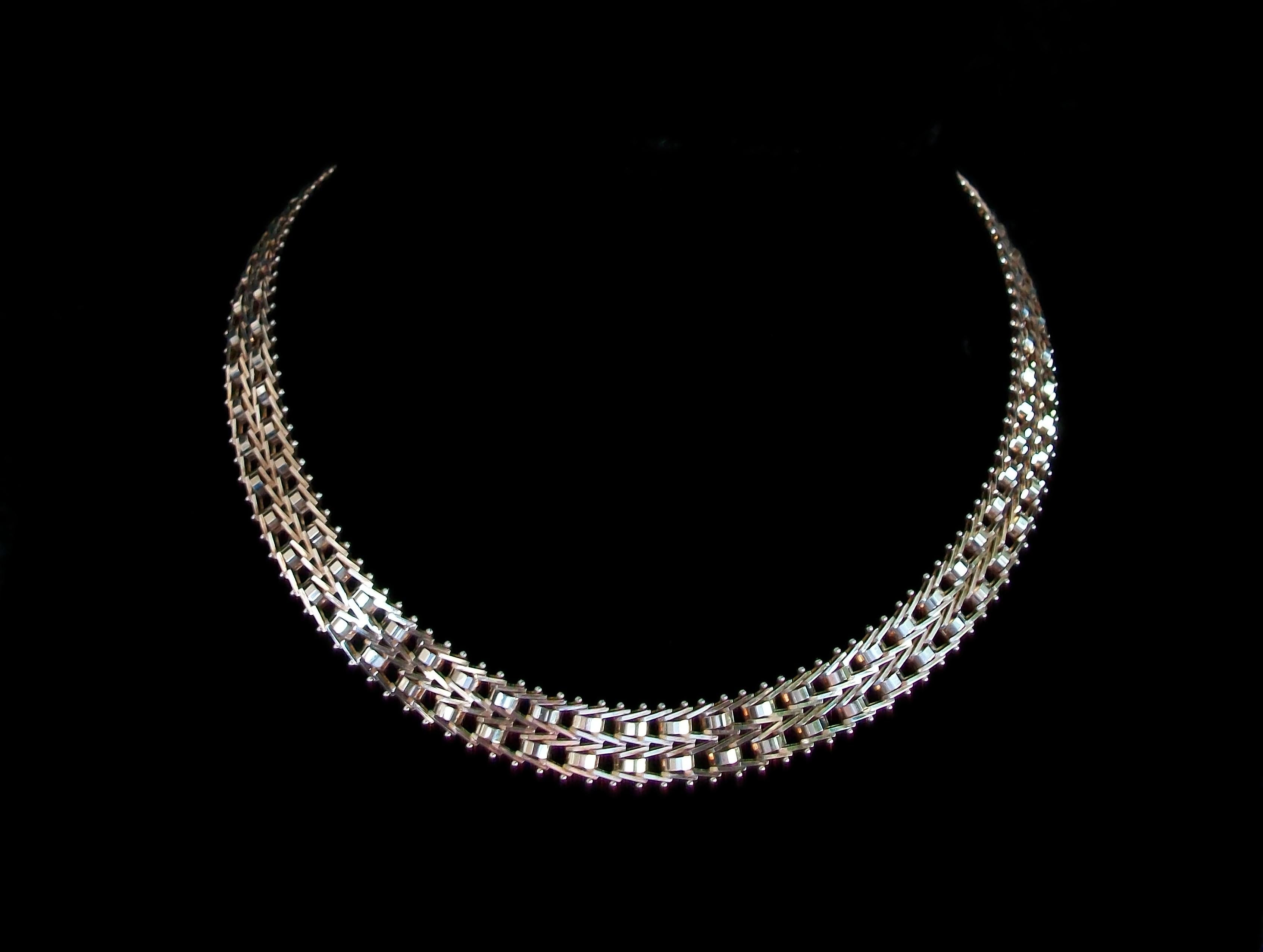 MILOR - Etruscan style sterling silver necklace - flat links in a stylized herringbone pattern with balls along each edge - 17