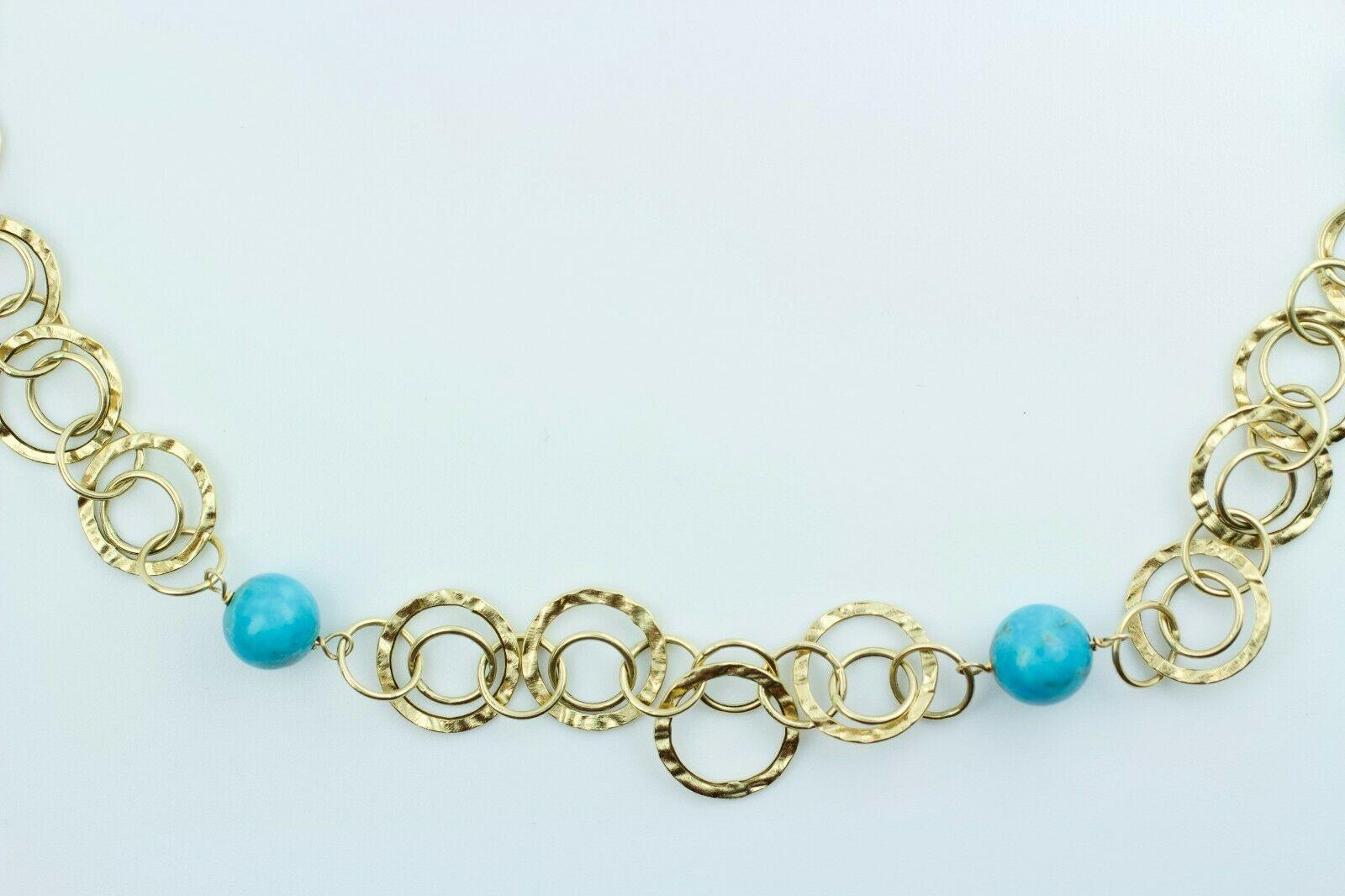 14k Yellow Gold Round Turquoise Ball Design Necklace 
9.3 Grams 
18 Inches Long 
6 Round Turquoise approx 8-8.25mm each
This is a beautiful turquoise necklace that is in great condition. If you have any questions or concerns please do not hesitate