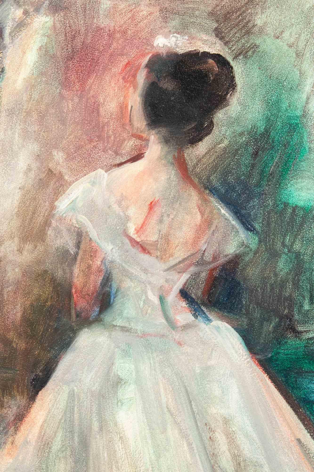 Peinture à l'huile sur contreplaqué réalisée par Miloslava Vrbova (1909-1991) au milieu du XXe siècle, représentant une scène de Roméo et Juliette de Prokofiev.

Bon état, encadré.