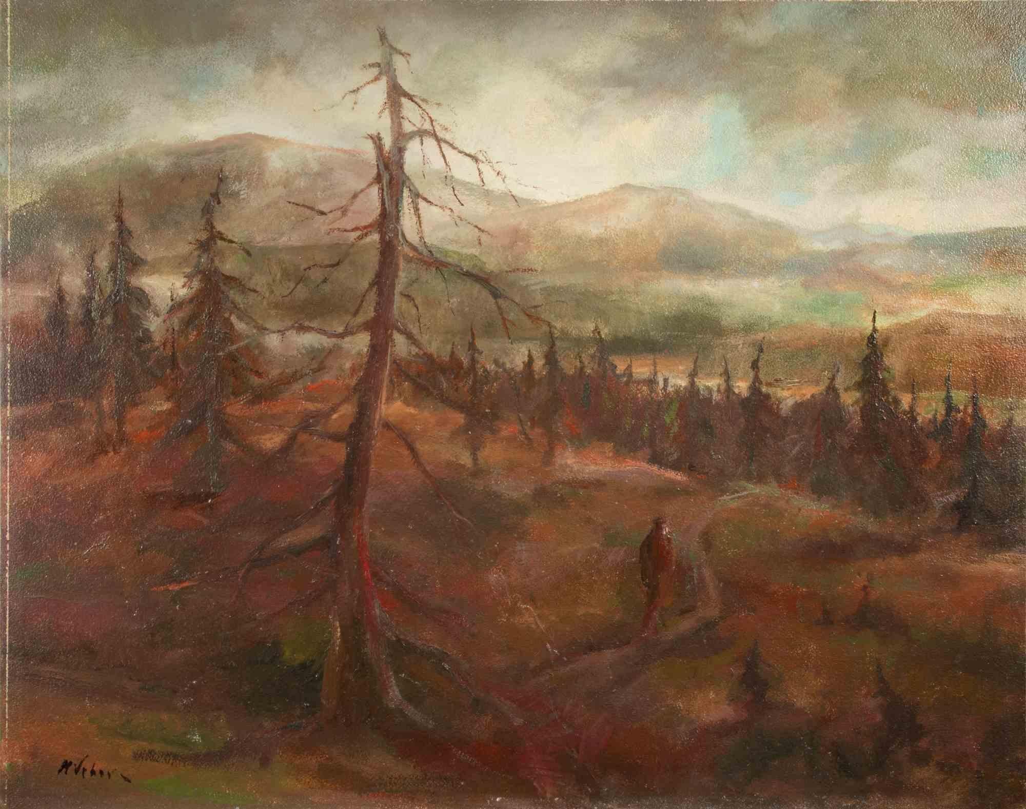 Paesaggio - Foresta boema - Dipinto a olio di Miloslava Vrbova - Metà del XX secolo