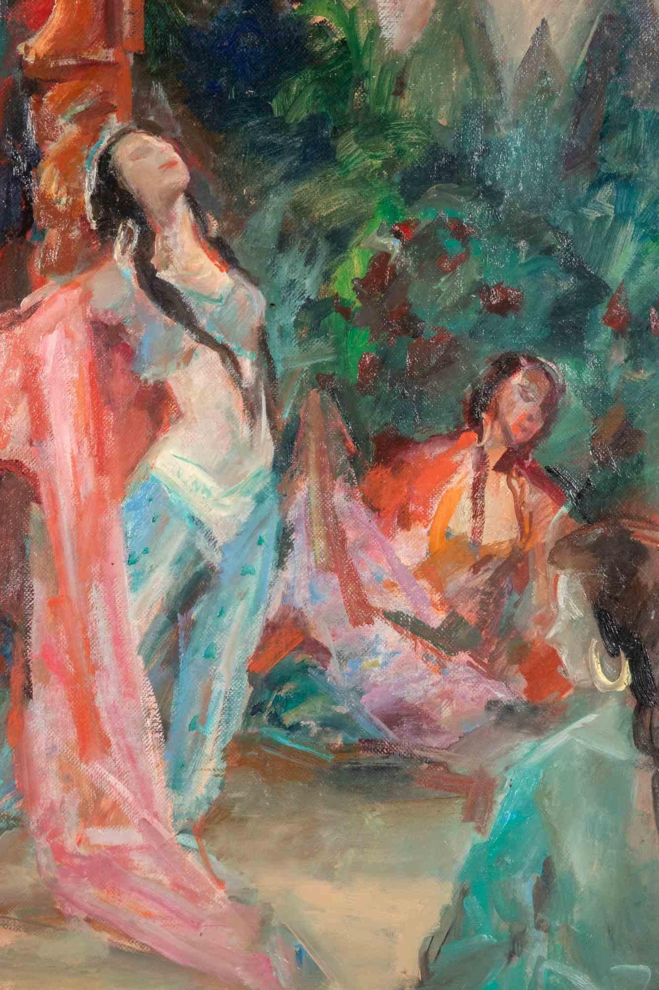 Orientalischer Tanz in einem Harem – Ölgemälde von Miloslava Vrbova-Mid-20. Jahrhundert – Painting von Miloslava Vrbova-Štefková 