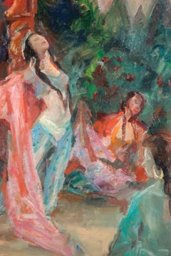 Orientalist Dance in a Harem - Oil Paint by Miloslava Vrbova-Mid-20th Century