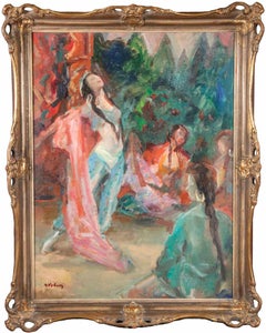 Danza orientalista en un harén - Pintura al óleo de Miloslava Vrbova-Mediados del siglo XX