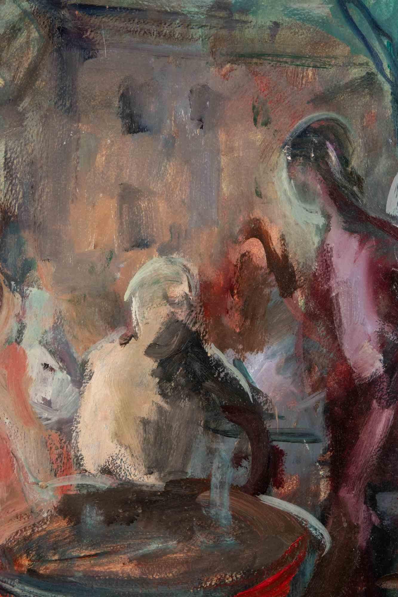 Menschen im Café - Ölgemälde von Miloslava Vrbova - Mitte des 20. (Grau), Figurative Painting, von Miloslava Vrbova-Štefková 