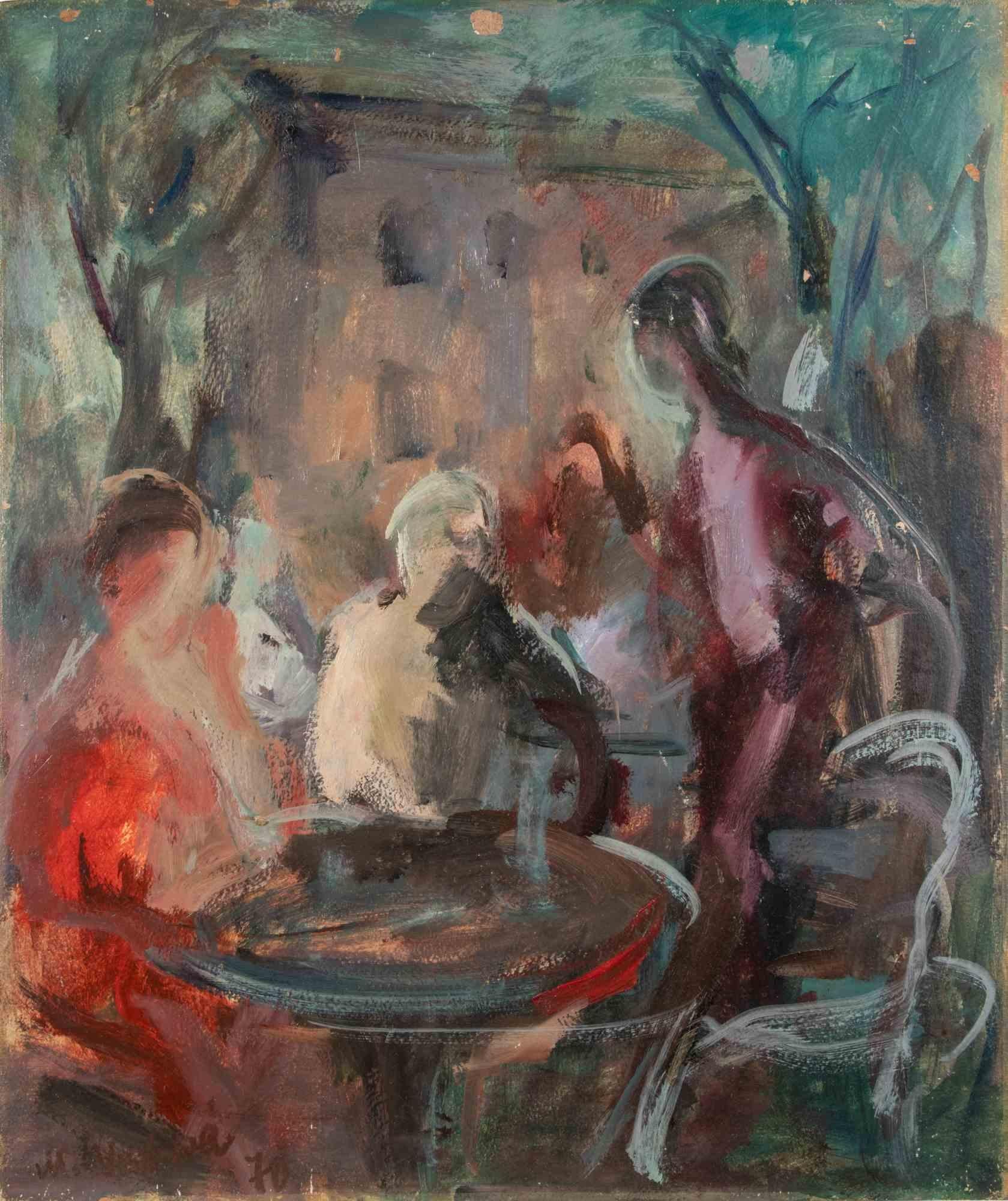 People at the Café - Oil Paint by Miloslava Vrbova - Mid-20th Century