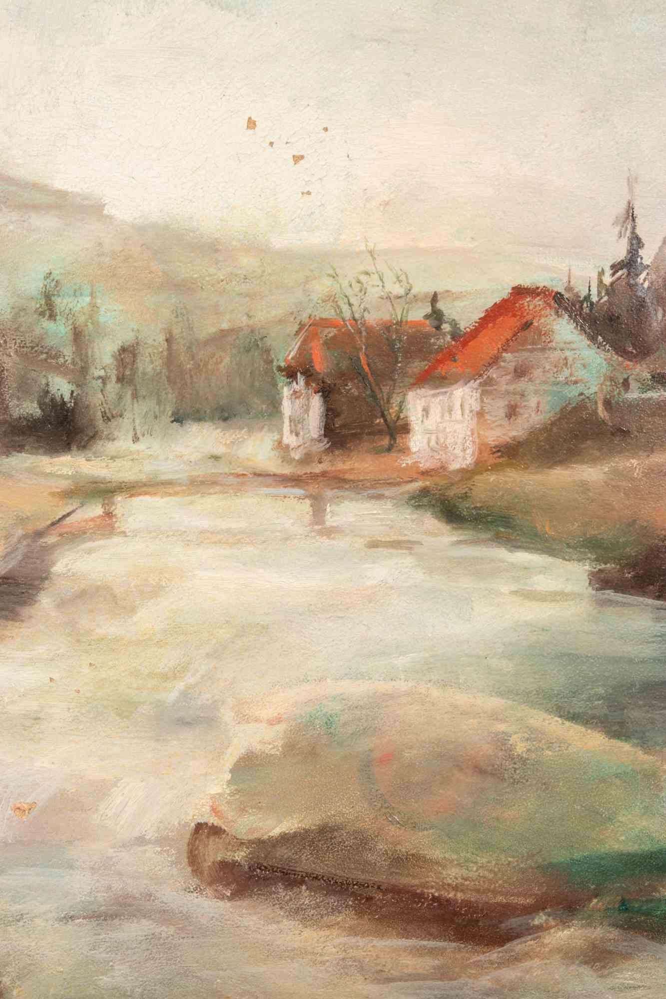 River Landscape - Oil Painting by Miloslava Vrbova - Mid-20th Century - Beige Landscape Painting by Miloslava Vrbova-Štefková 