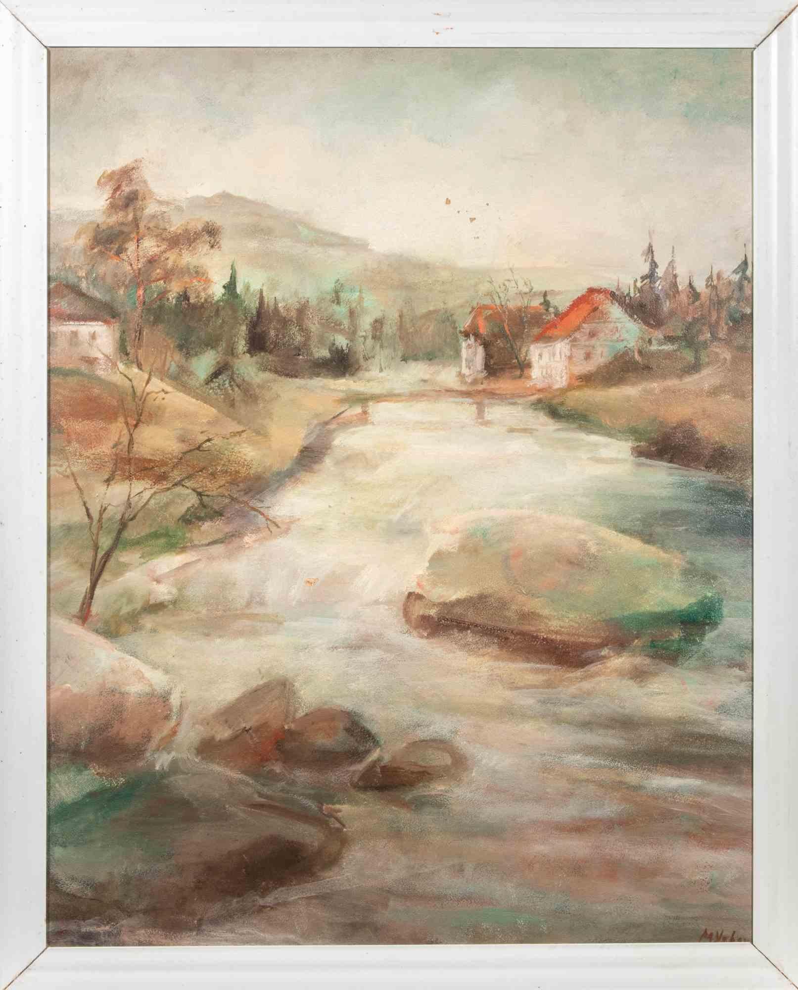Paesaggio fluviale - Pittura a olio di Miloslava Vrbova - Metà del XX secolo