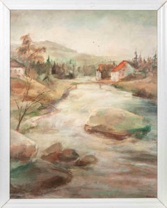 River Landscape - Oil Painting by Miloslava Vrbova - Mid-20th Century