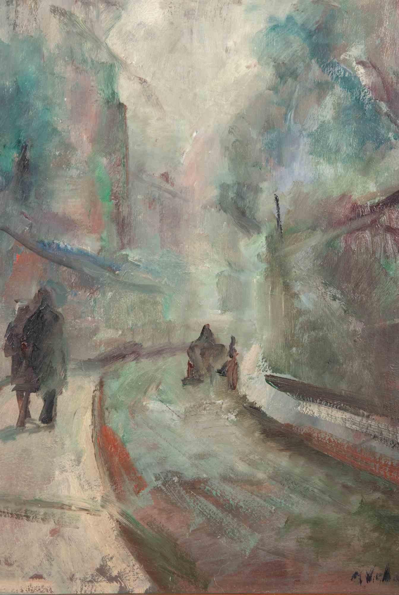 Strada innevata nella Repubblica Ceca-Pittura ad olio di Miloslava Vrbova-Metà del XX secolo - Painting di Miloslava Vrbova-Štefková 