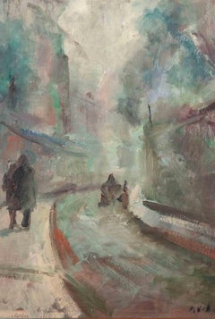 Snowy Street in Czech Republic-Oil Painting by Miloslava Vrbova-Mid-20th Century