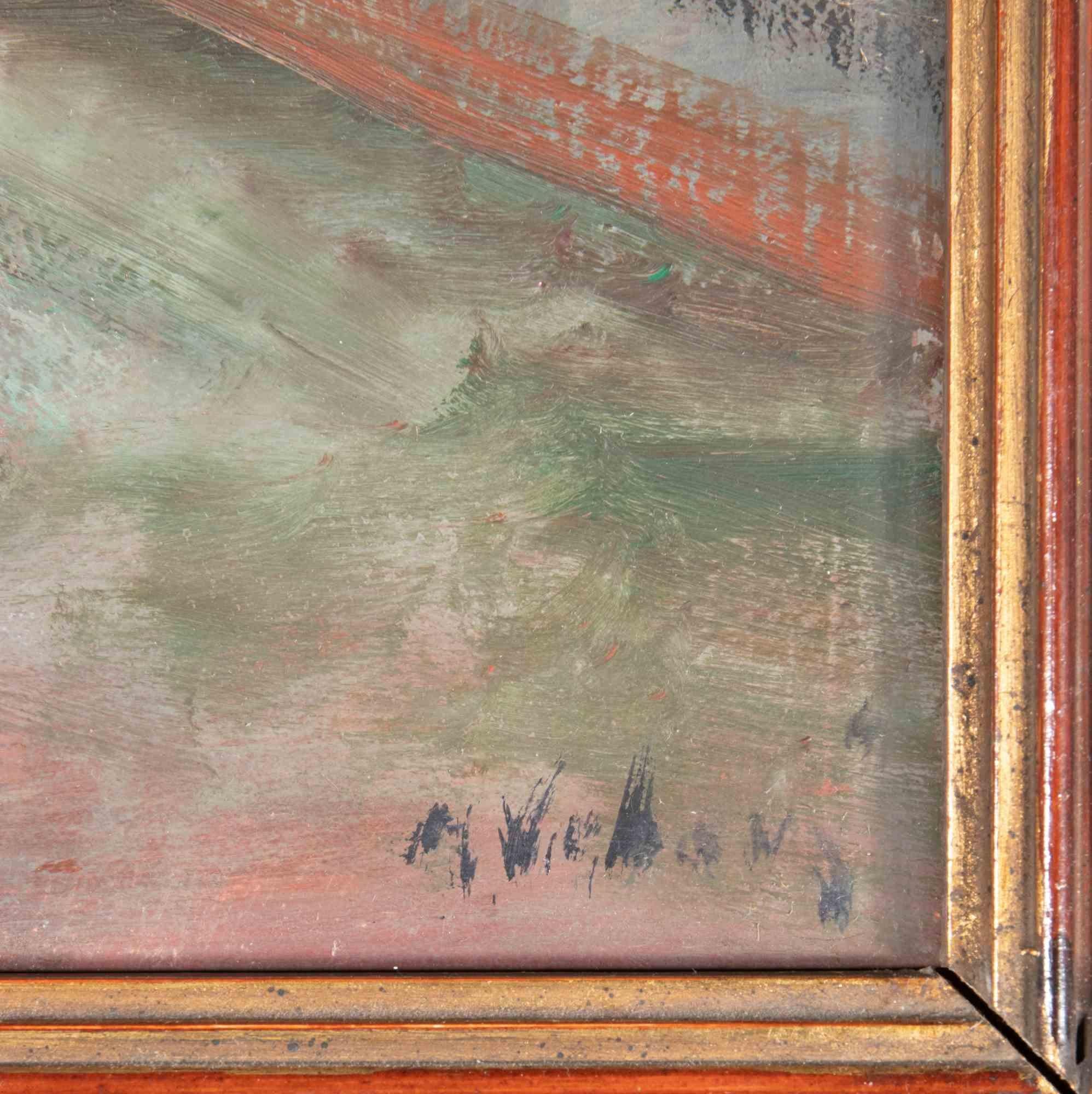 Strada innevata nella Repubblica Ceca-Pittura ad olio di Miloslava Vrbova-Metà del XX secolo - Painting Moderno di Miloslava Vrbova-Štefková 