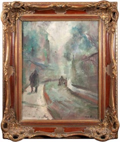 Snowy Street in Czech Republic-Oil Painting by Miloslava Vrbova-Mid-20th Century