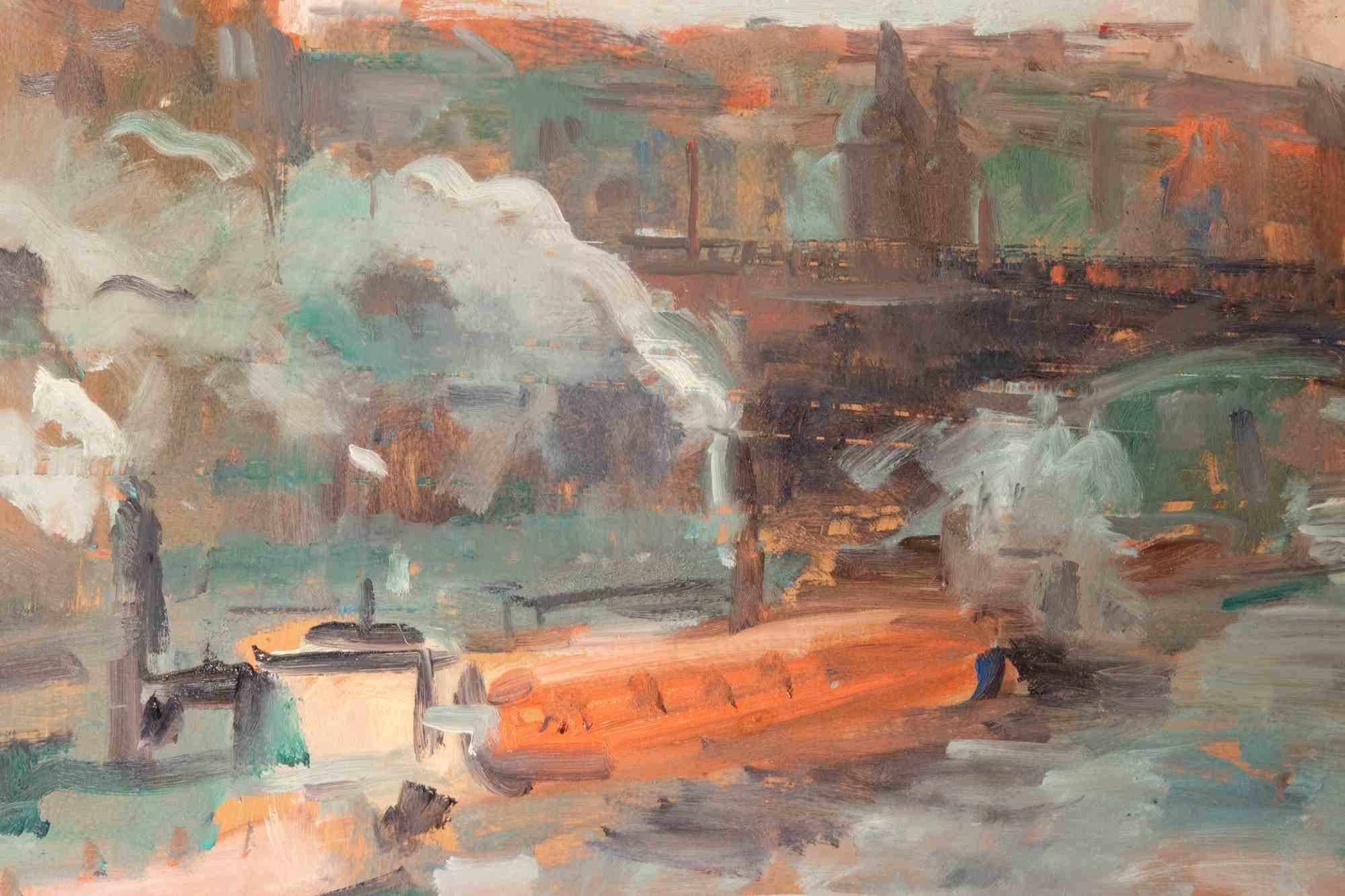 Veduta del Ponte Charles a Praga-Pittura ad olio di Miloslava Vrbova-Metà del XX secolo - Painting di Miloslava Vrbova-Štefková 