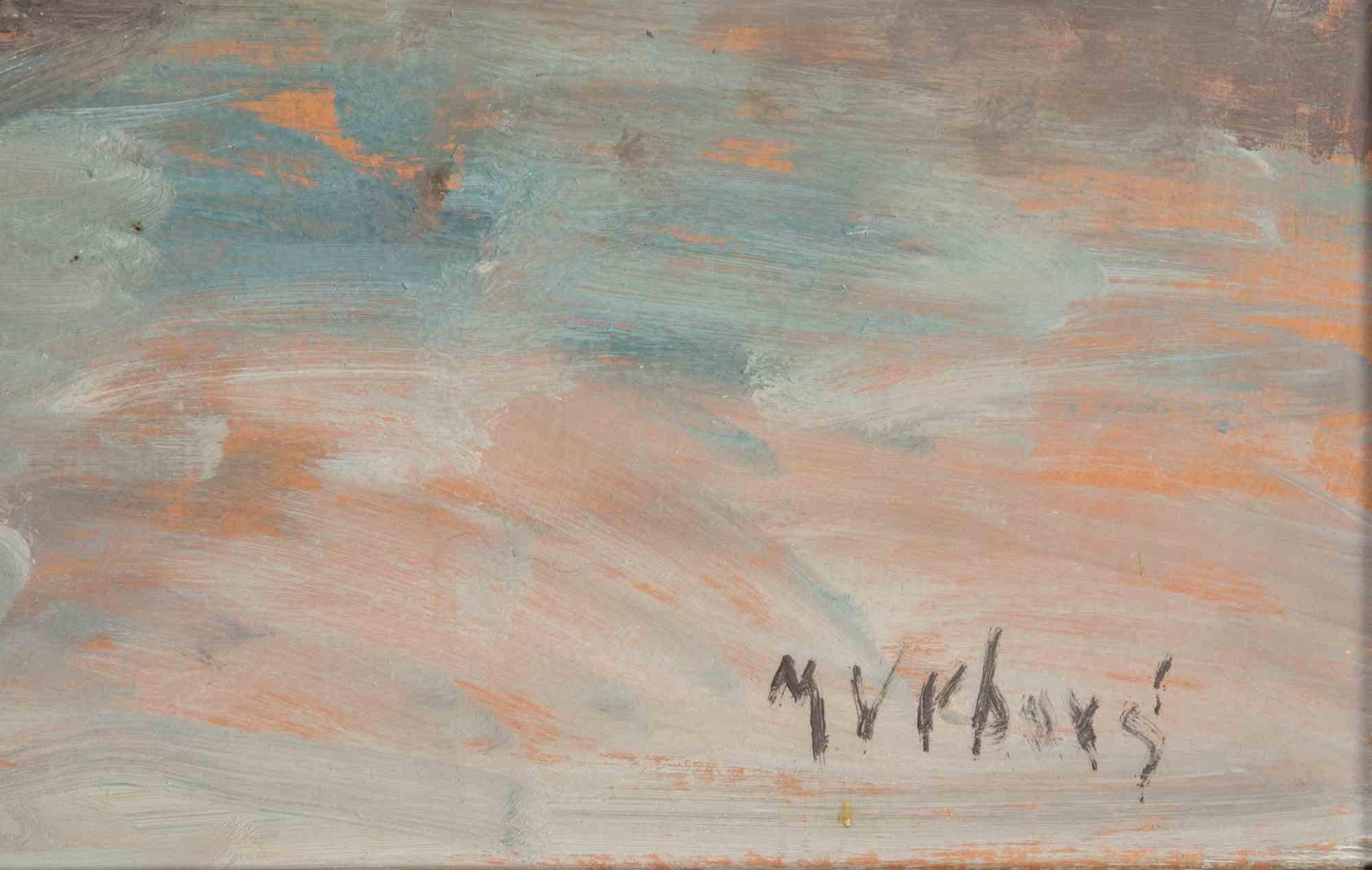 Veduta del Ponte Charles a Praga-Pittura ad olio di Miloslava Vrbova-Metà del XX secolo - Painting Moderno di Miloslava Vrbova-Štefková 