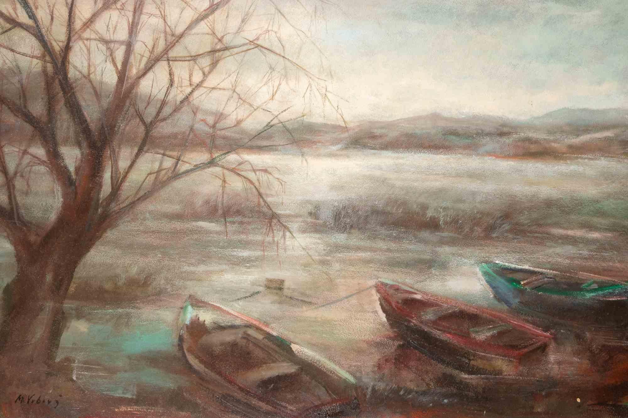 Winterseelandschaft mit Moore...-Ölgemälde von Miloslava Vrbova- Mitte des 20. Jahrhunderts – Painting von Miloslava Vrbova-Štefková 