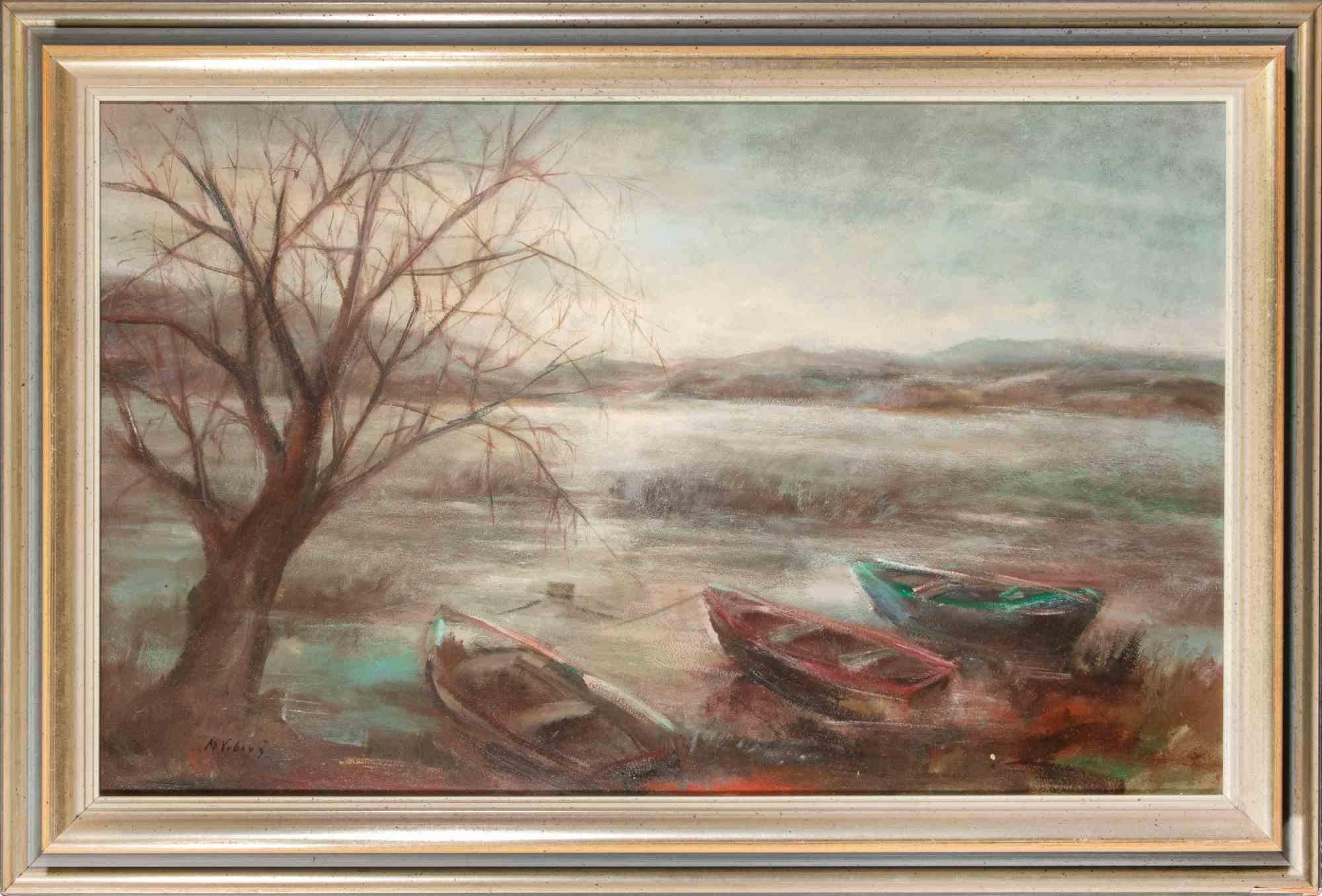 Paesaggio marino invernale con Moore...- Pittura ad olio di Miloslava Vrbova- metà del XX secolo