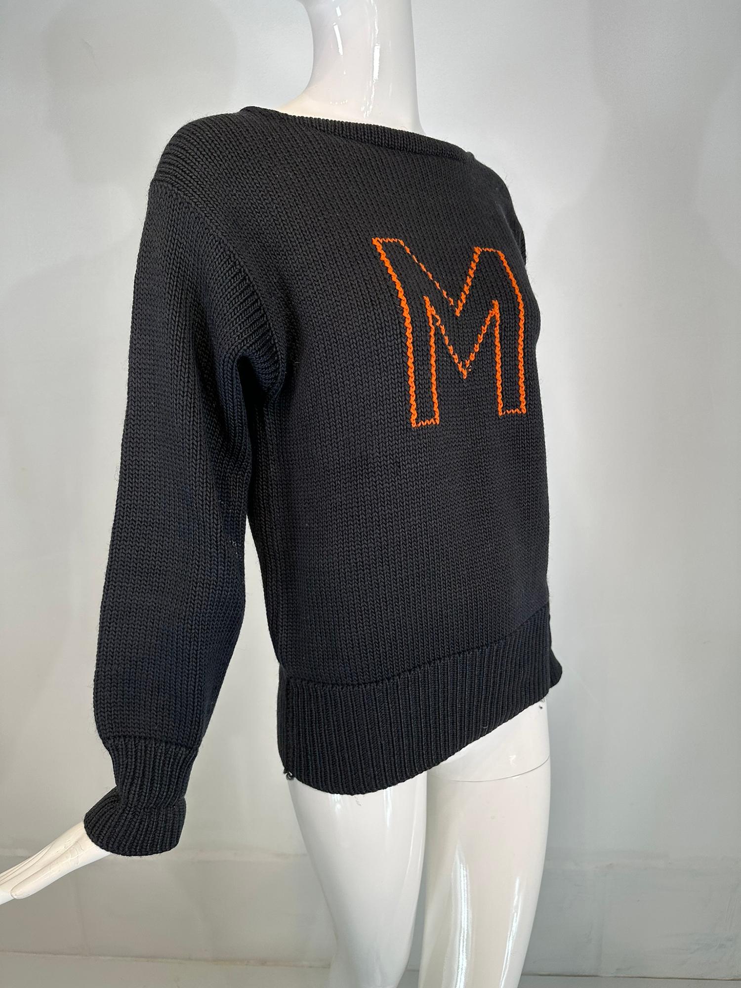 Milton Academy Mass. Early 1900s Varsity Knit School Sweater Blue & Orange For Sale 9