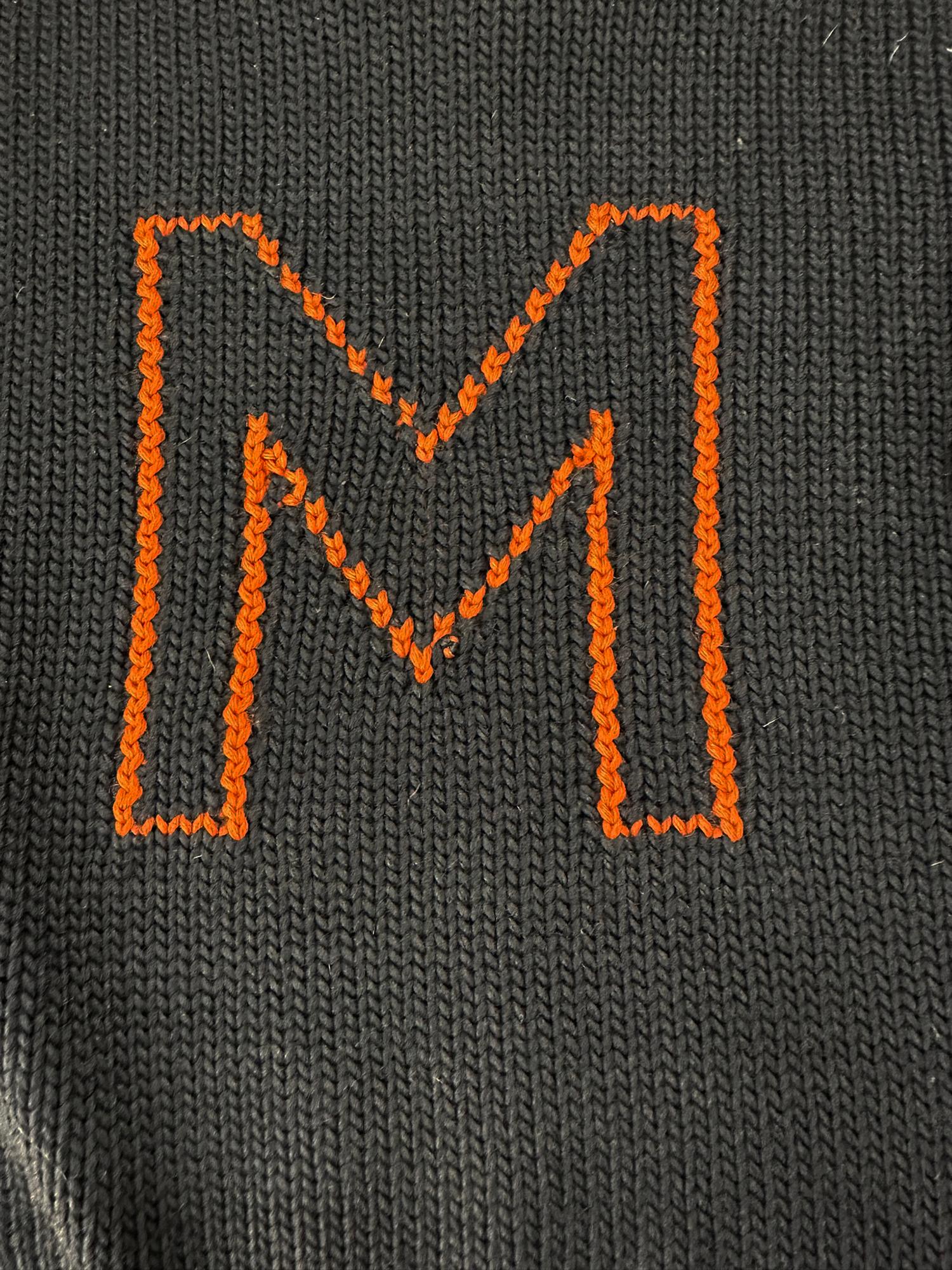Milton Academy Mass. early 1900s varsity  School Sweater dark blue 100% wool with orange H knitted in at the front. Classic school wool letter sweater, boat neck, long sleeves with deep ribbed cuffs, deep ribbed hem. Fits an adult small. The label