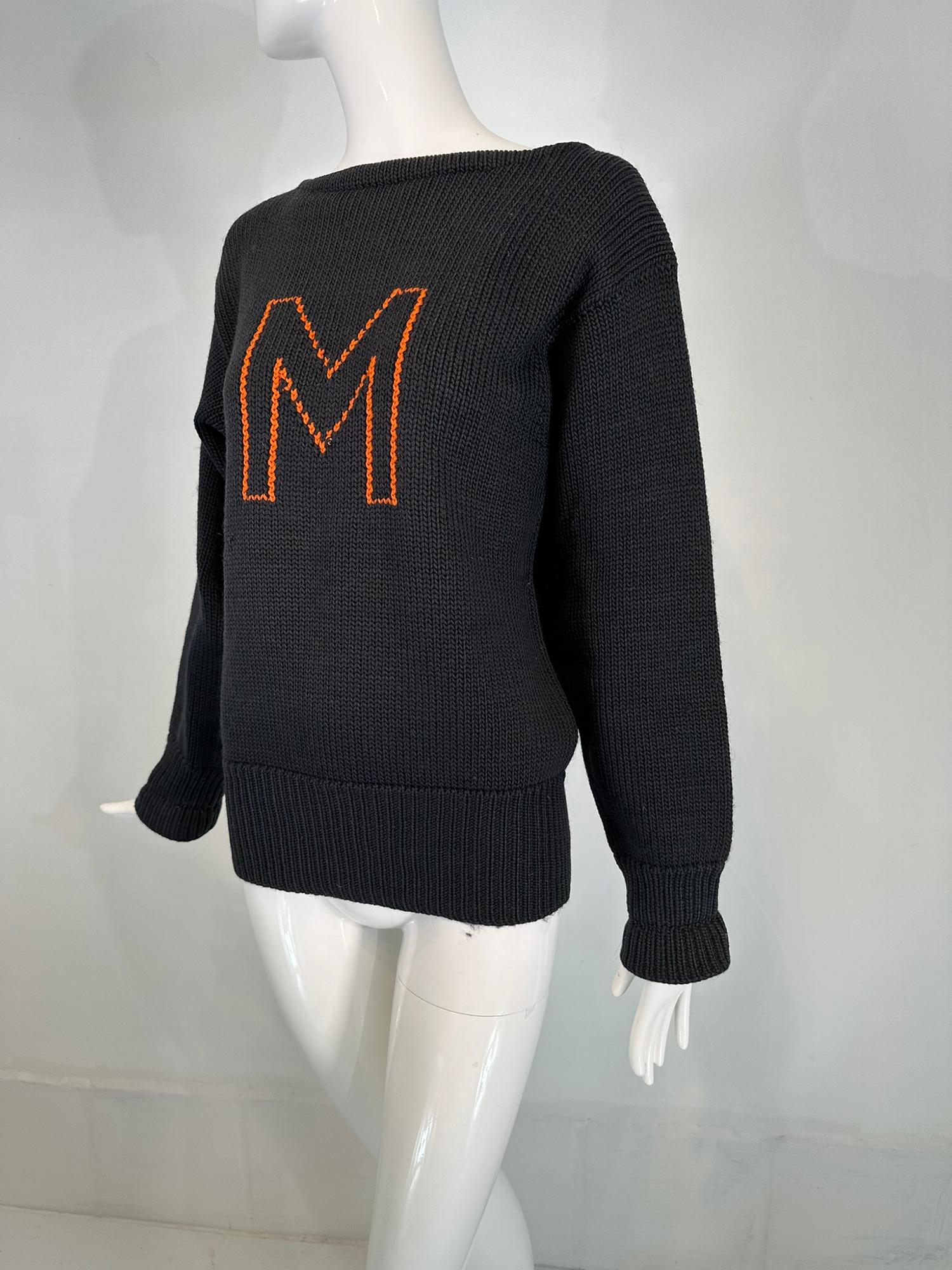 Milton Academy Mass. Early 1900s Varsity Knit School Sweater Blue & Orange In Good Condition For Sale In West Palm Beach, FL