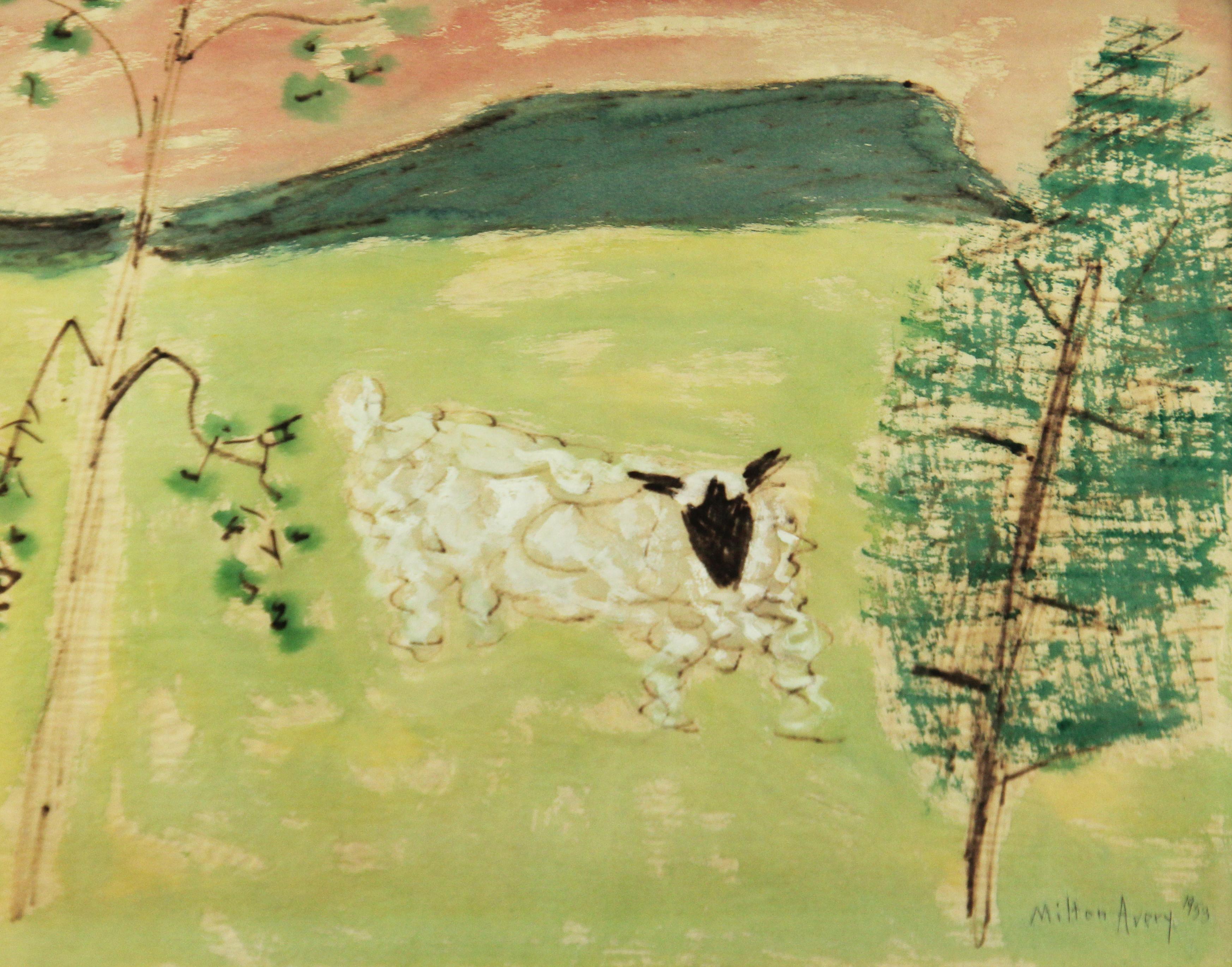 Milton Avery Animal Painting - Sheep Resting, American Modernist, Landscape, Mixed Media on Paper, Signed, 1953