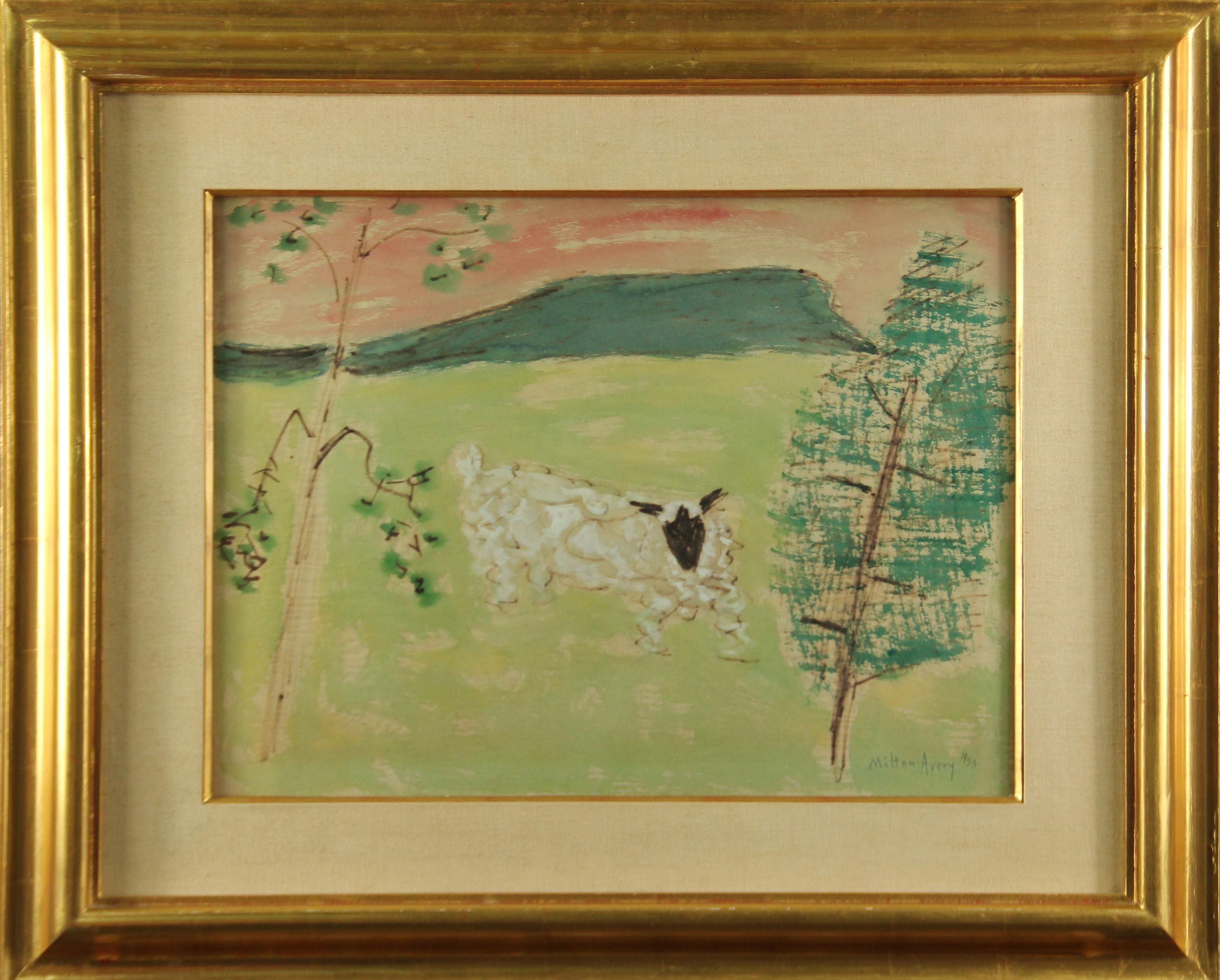 Sheep Resting, American Modernist, Landscape, Mixed Media on Paper, Signed, 1953 - Painting by Milton Avery