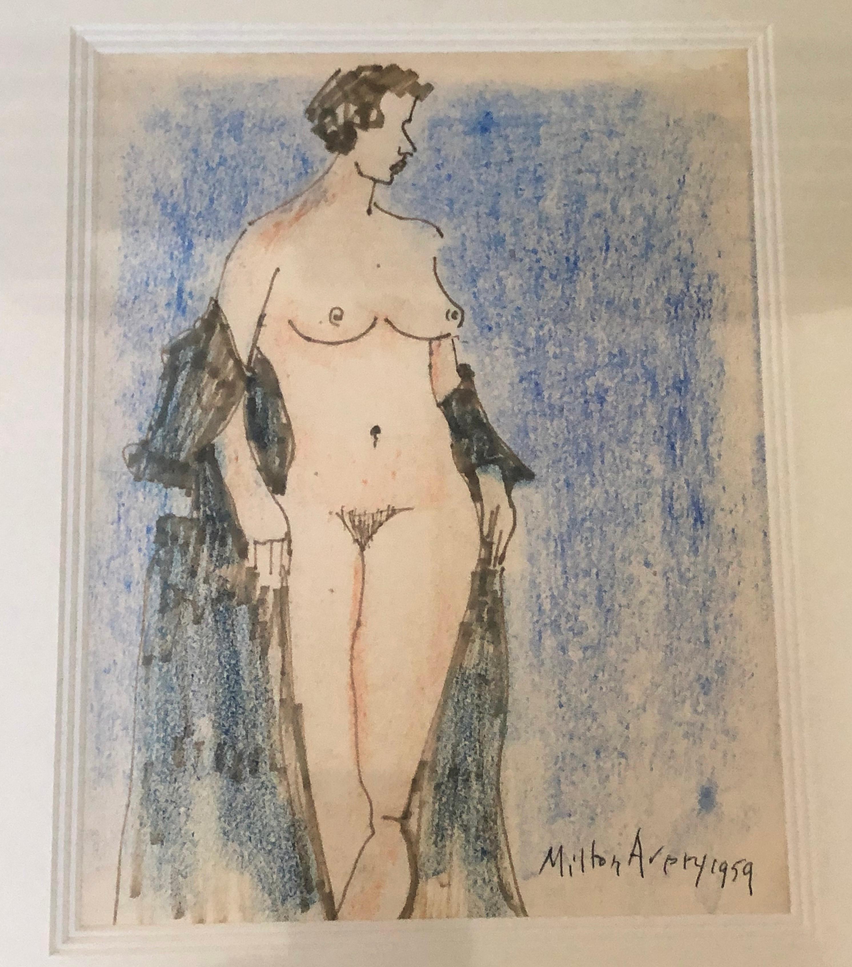 A Milton Avery drawing in pastel and ink of a nude woman with a black robe. Signed and dated Milton Avery 1959 lower right. 

Provenance: 
Private Collection, Manchester-by-the-Sea, Massachusetts
Sotheby's, New York

Archivally framed. 

Framed