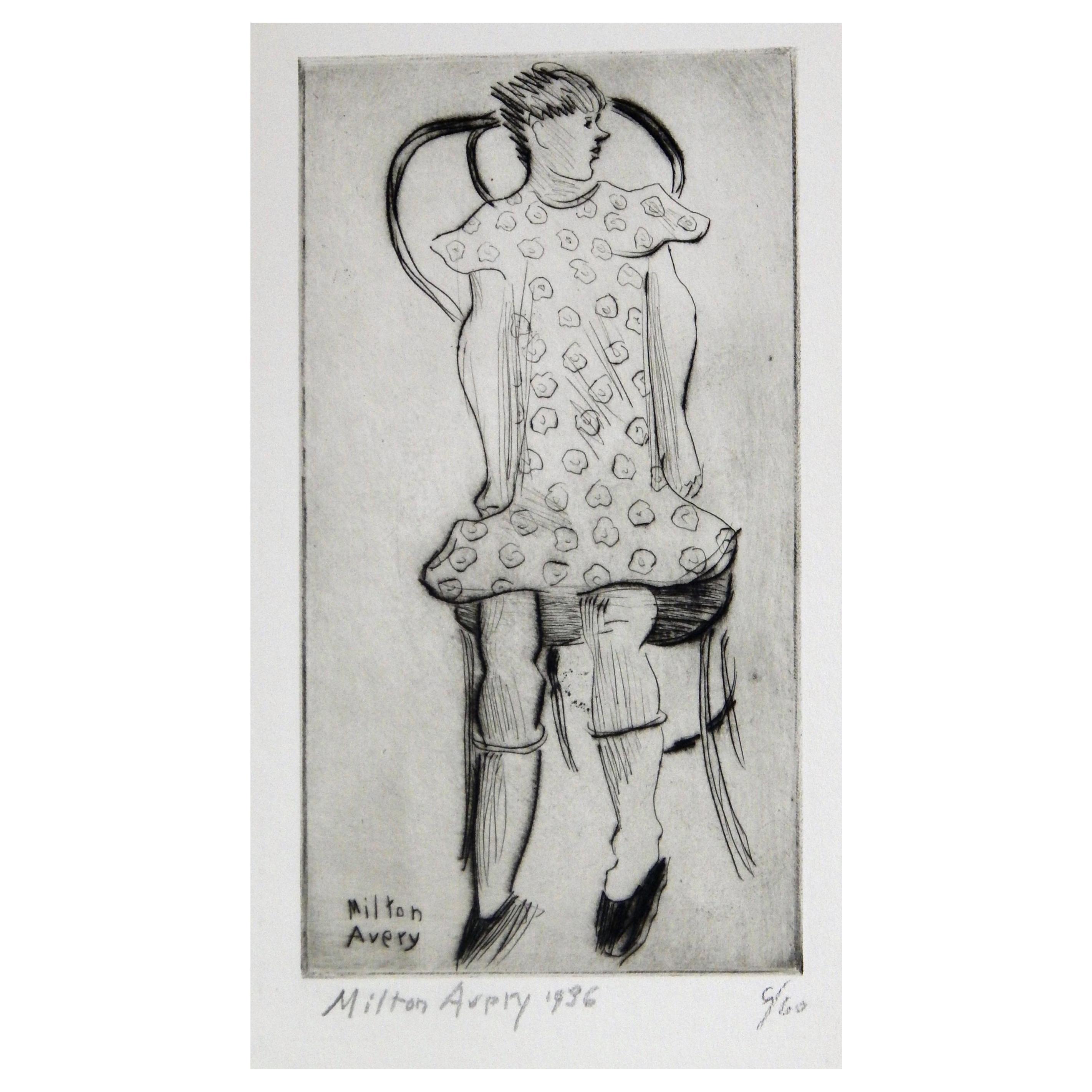Acquaforte originale del modernista Milton Avery (1885-1965) 
Misure dell'immagine: 8 5/8" H. x 4 5/8" L. Titolata in basso a sinistra - "Bambina".
Edizione: 6 di 60. Stampato nel 1936. In ottime condizioni.
Senza cornice. Presentato in un tappetino