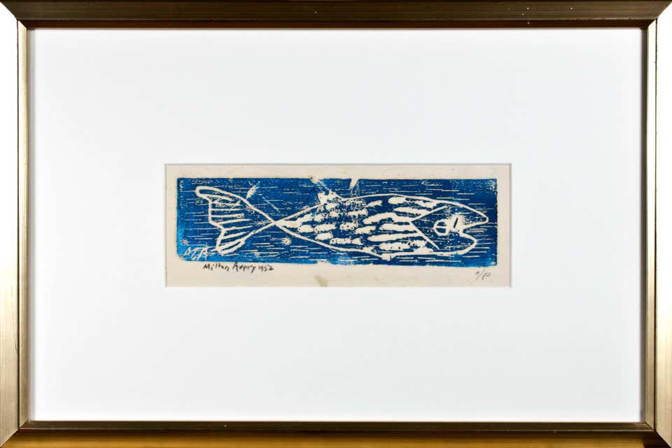 Fish (Blue) Woodcut Print, Framed, Rare A/P, Circa 1952, 2.38 x 9 in