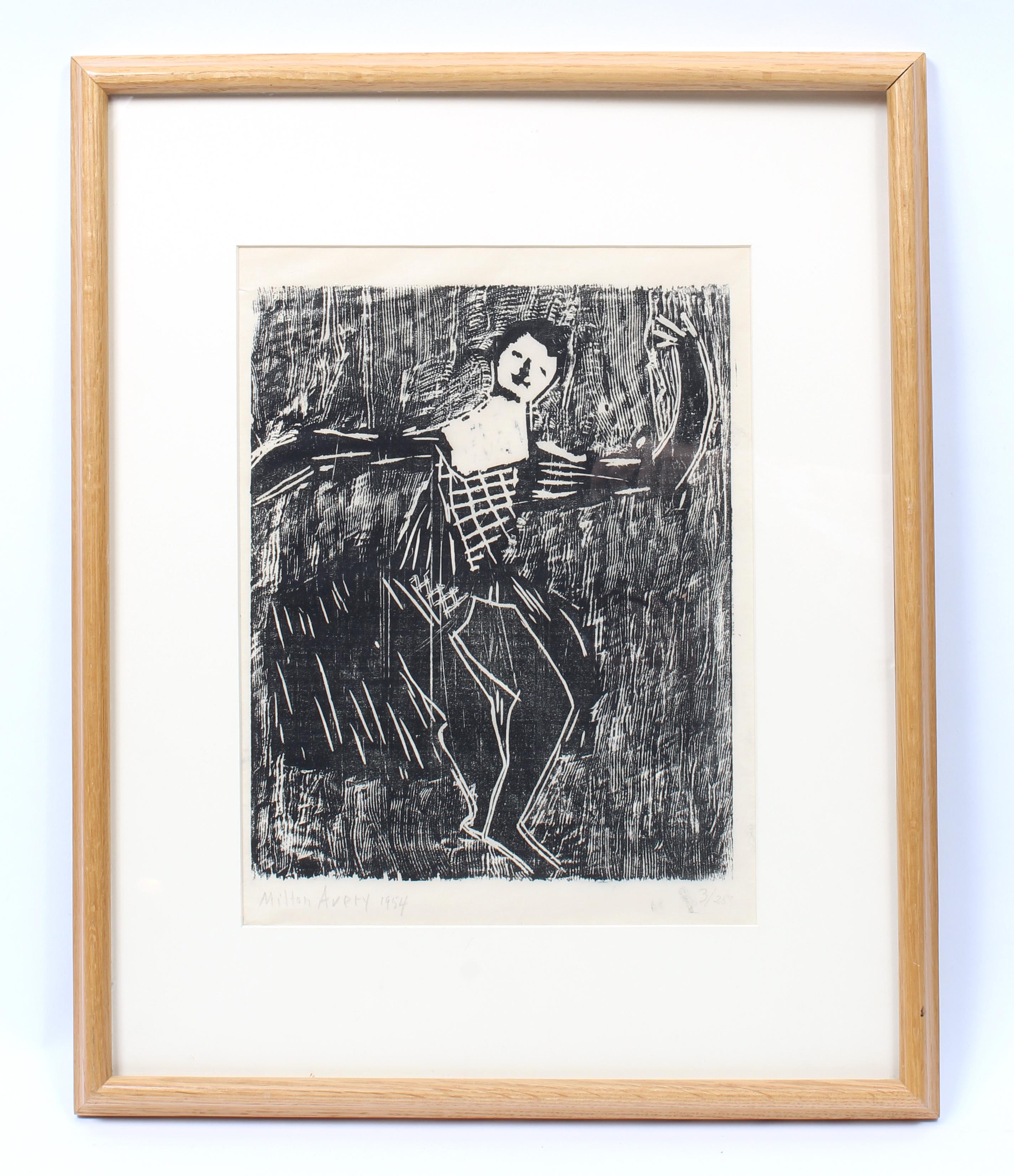 Milton Avery wood block black and white rare dancer COA appraisal framed period 