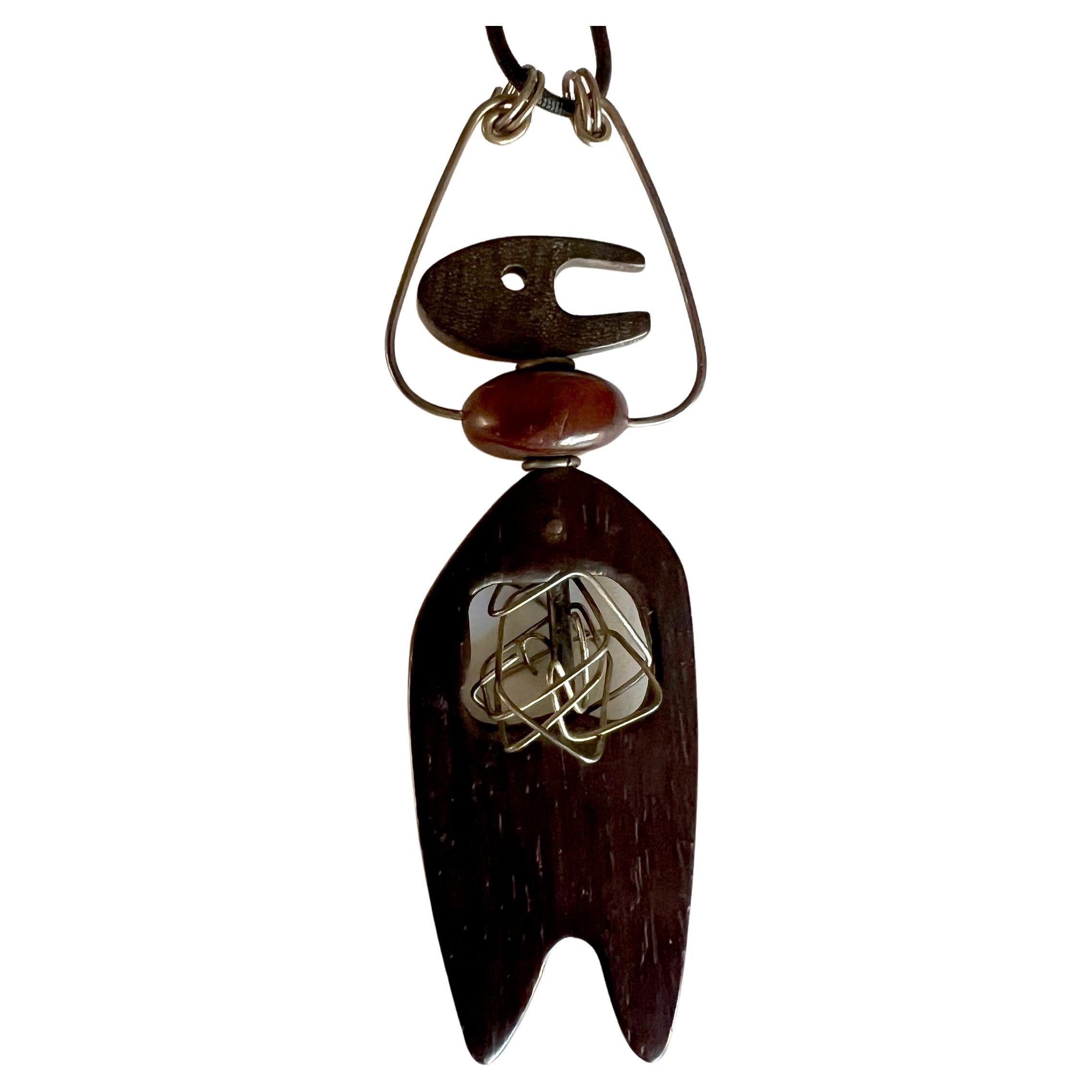 Milton Cavagnaro California Abstract Modernist Wooden Man Pendant on Cord For Sale 1