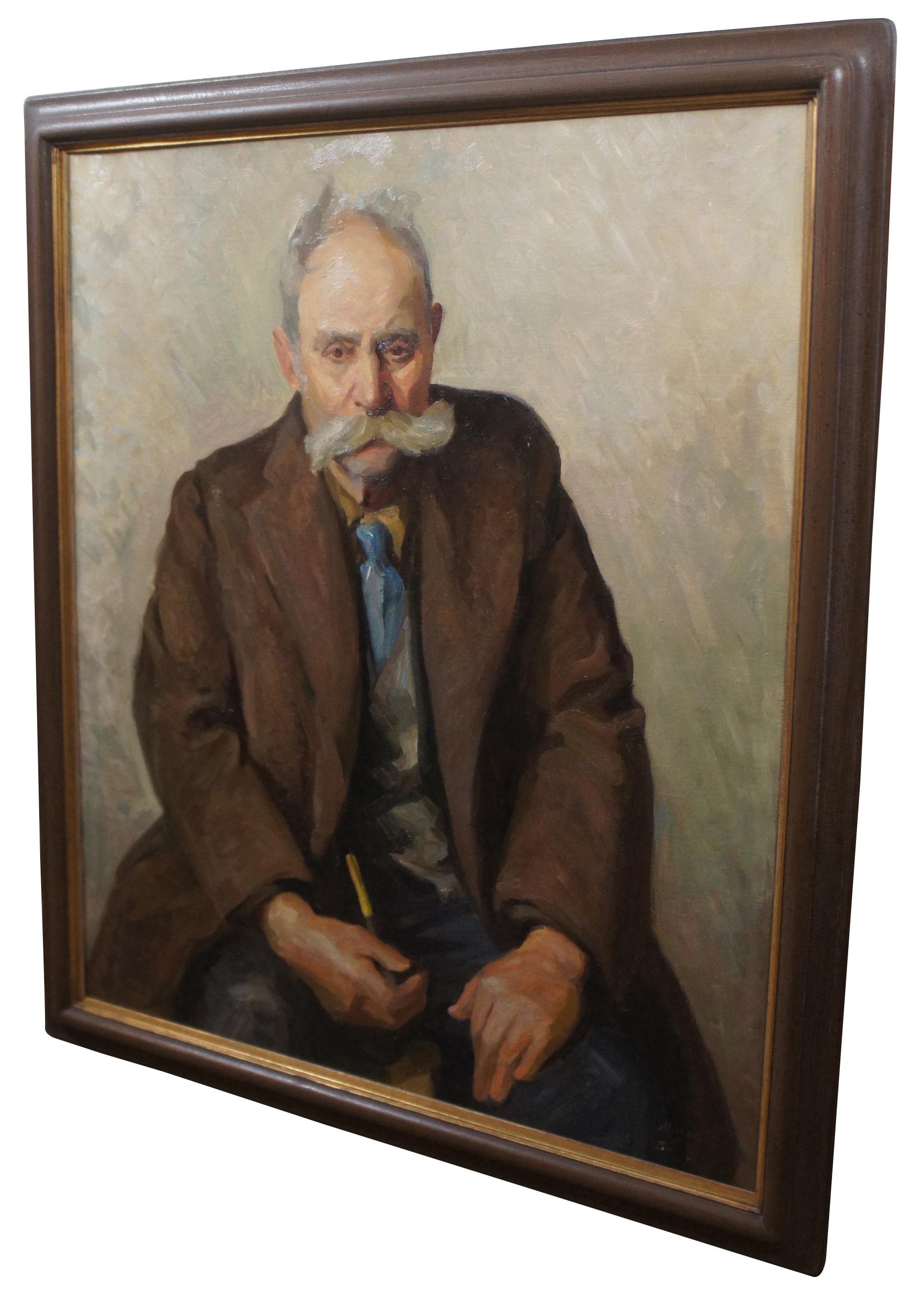 20th century signed oil on canvas painting by Milton D. Birch featuring a seated man with a large mustache holding a sherlock. Milton is an active American painter. 

Sans frame - 29.25” x 34.25”.