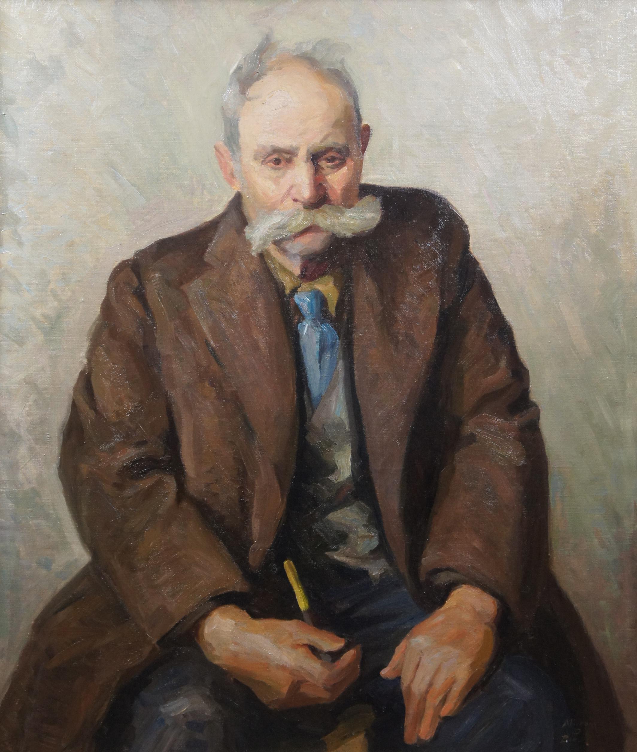 American Classical Milton D Birch 20th Century Canvas Oil Painting Portrait of Old Man Smoking Pipe
