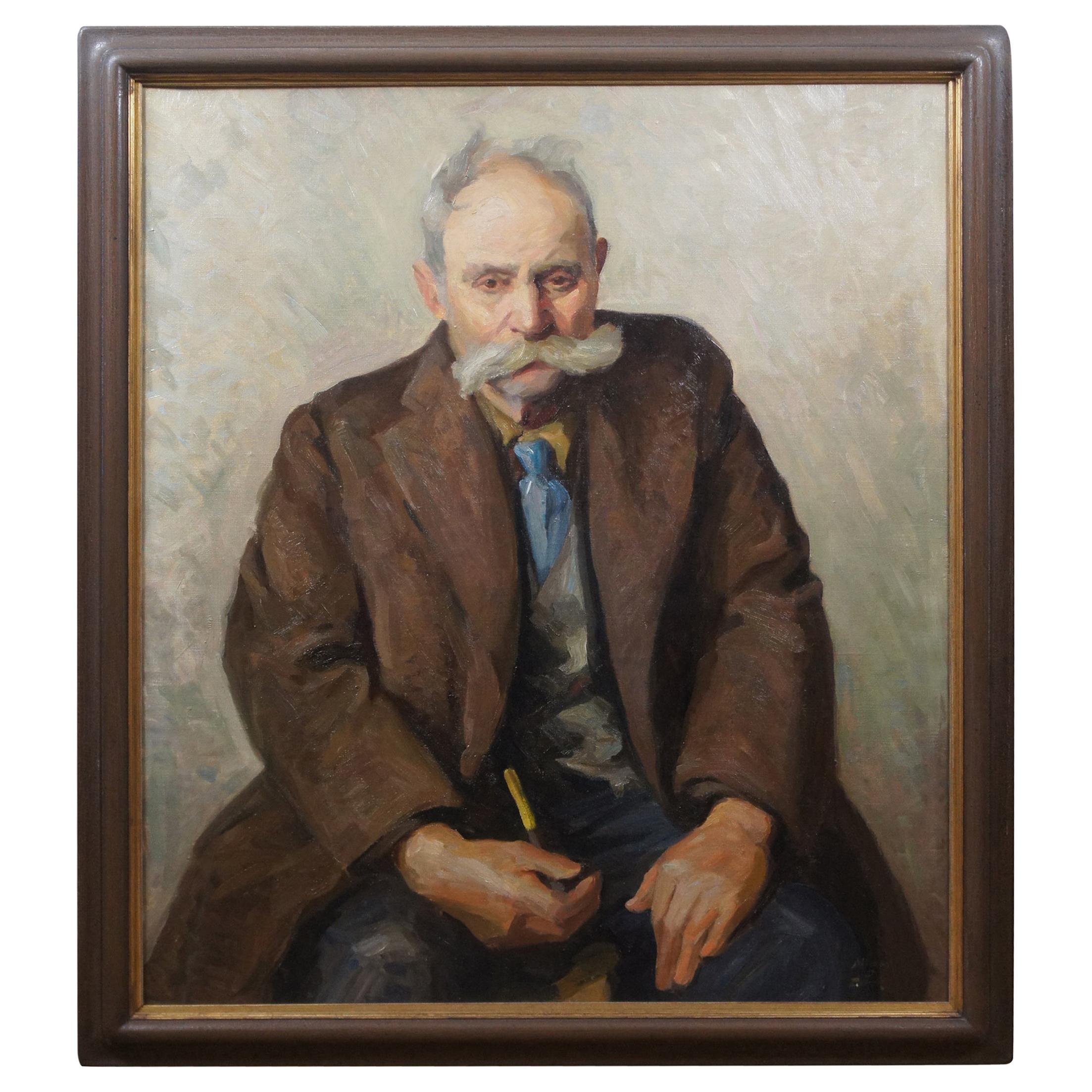 Milton D Birch 20th Century Canvas Oil Painting Portrait of Old Man Smoking Pipe