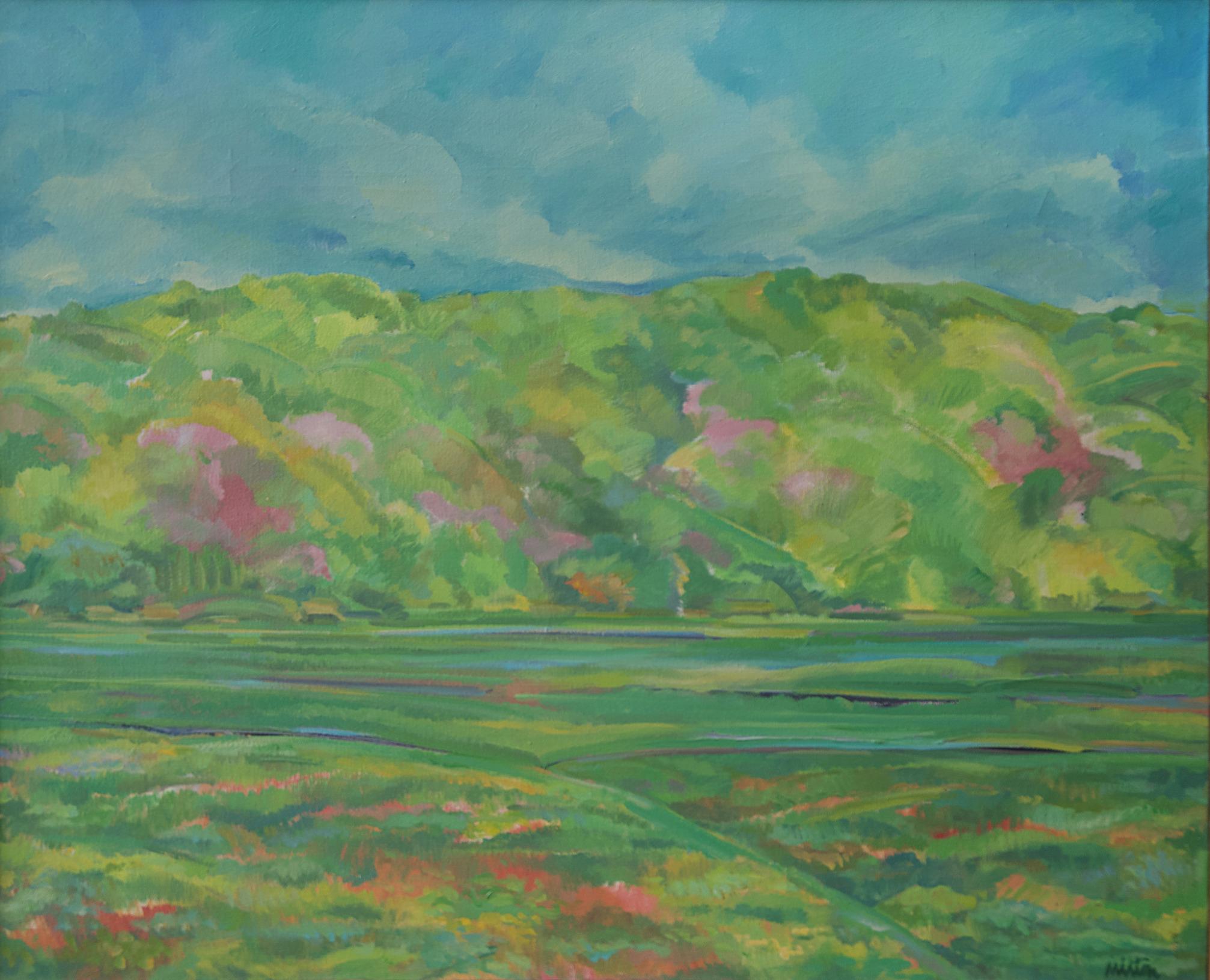 "Primavera" Milton Derr, paisaje modernista lírico, tonos verdes y azules brillantes