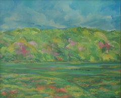 "Primavera" Milton Derr, paesaggio lirico modernista, tonalità di verde e blu brillante