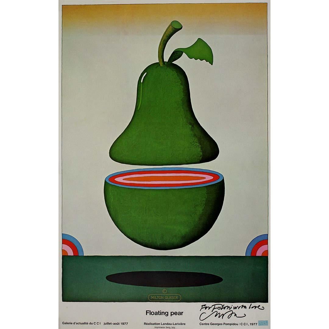 The 1977 original exhibition poster by Milton Glaser presents "Floating Pear," a captivating artwork that showcases the distinctive style and creative vision of the renowned graphic designer. Created for an exhibition at the Galerie d'actualité du