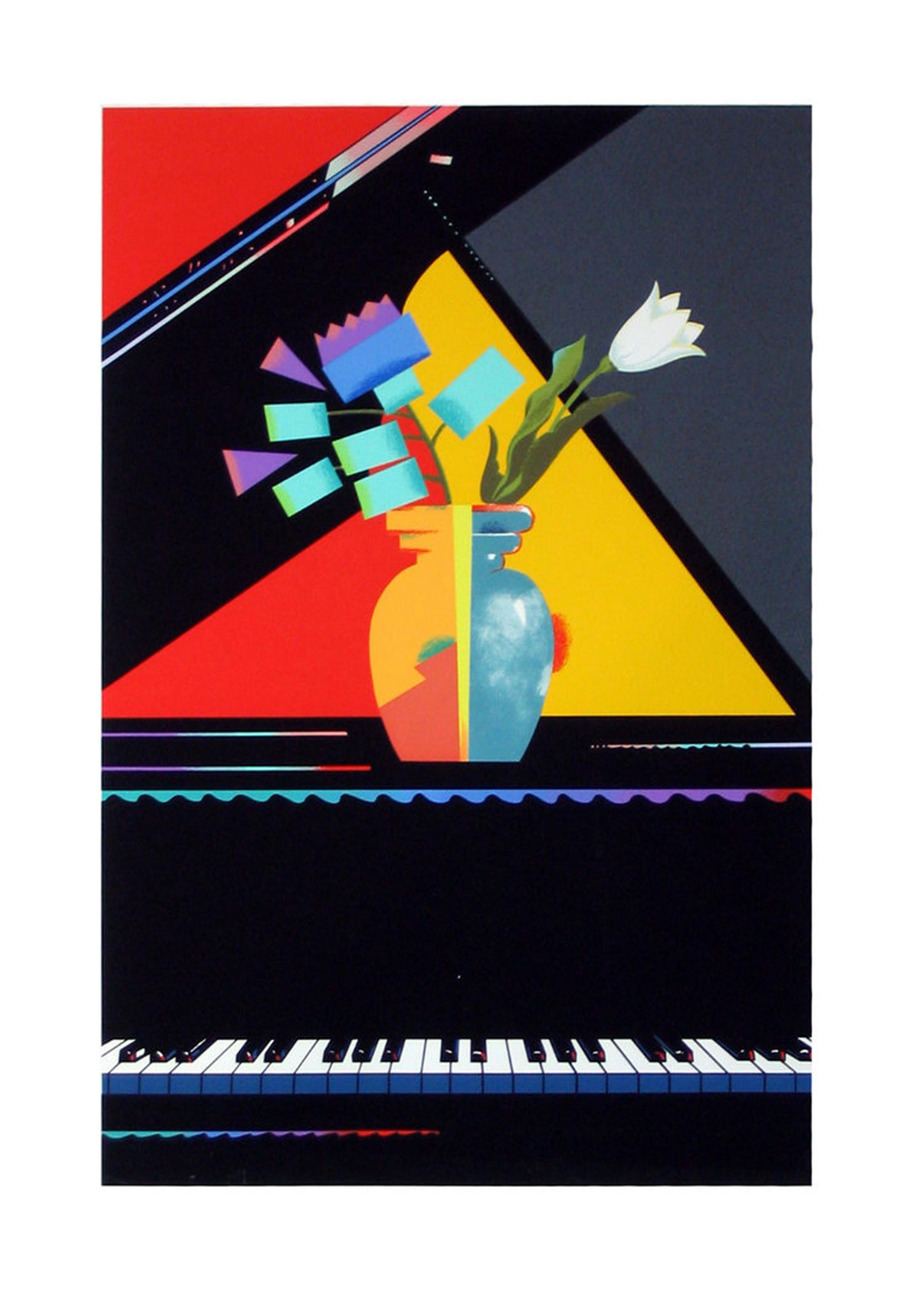 Se trata de una representación audaz y geométrica de un jarrón de flores sobre un piano de cola. El fondo está claramente dividido en tres colores: rojo, amarillo y gris, mientras que las flores y el jarrón parecen ser mitad realistas y mitad formas